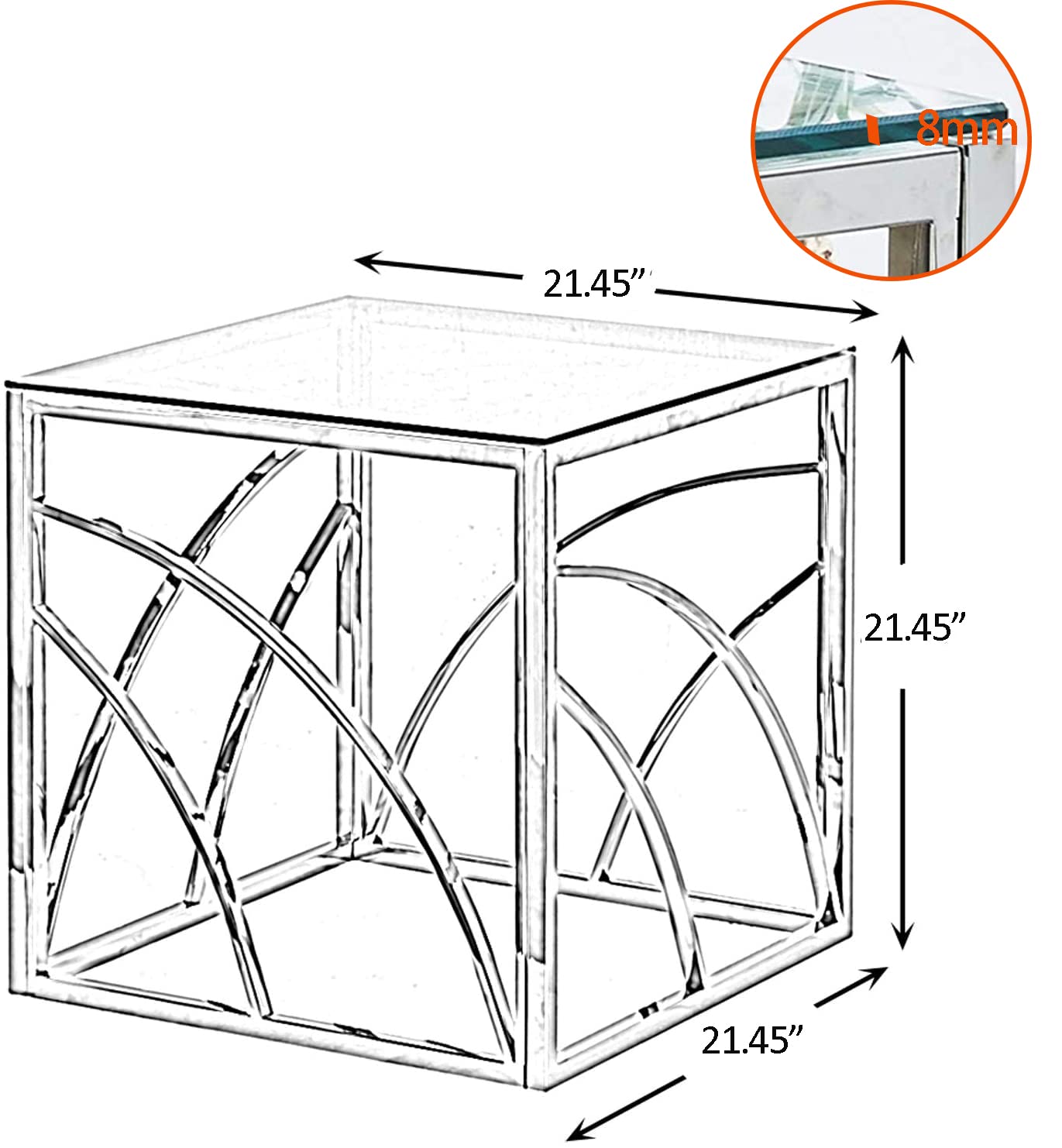 Minimalist Square Glass End Table - Silver Modern 21.45