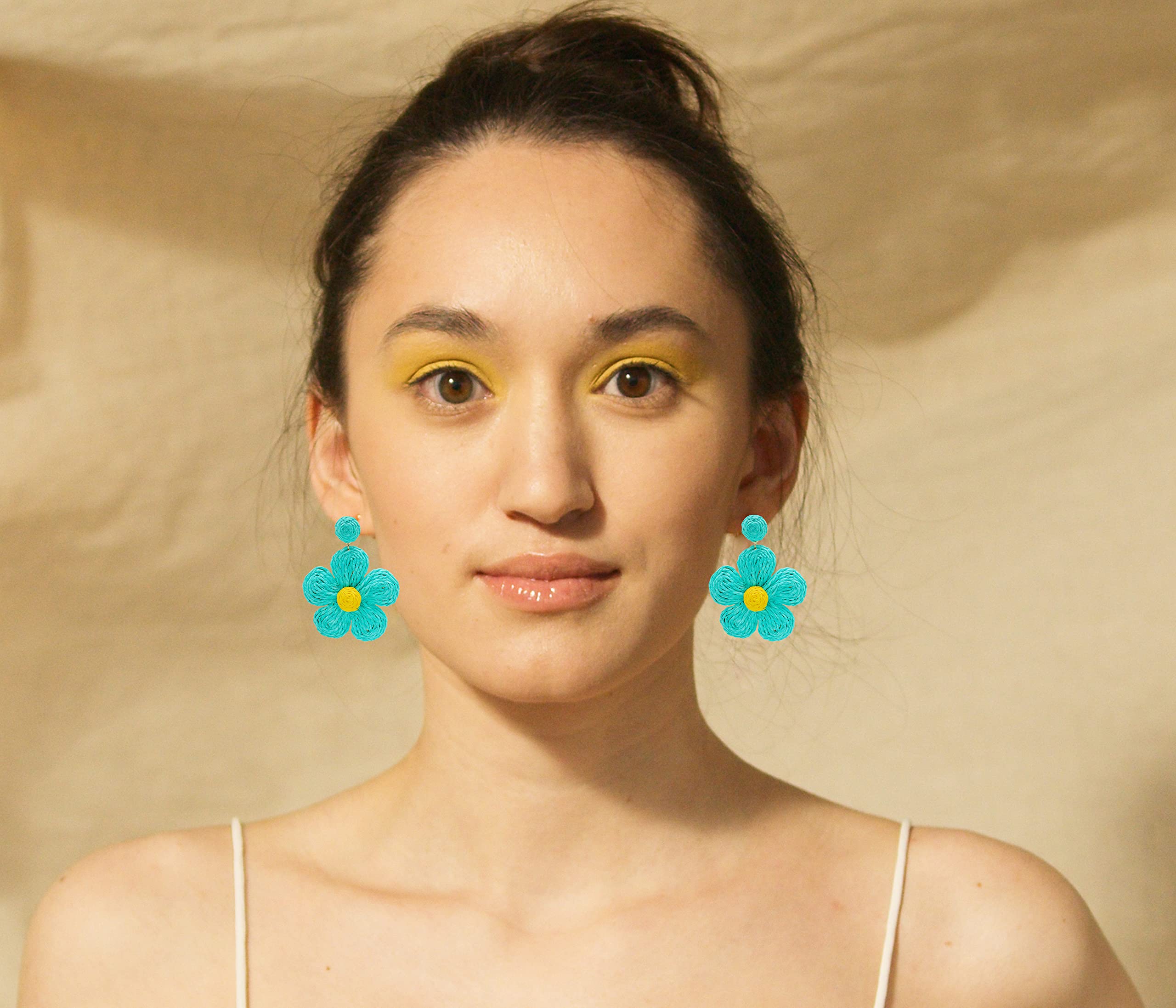 Boho Geometric Round Flower Rattan Drop Dangle Earrings for Women - Handmade Braid Straw Wicker Statement Earrings | Perfect for Beach Vacations, Summer Parties & Boho Fashion Accessories