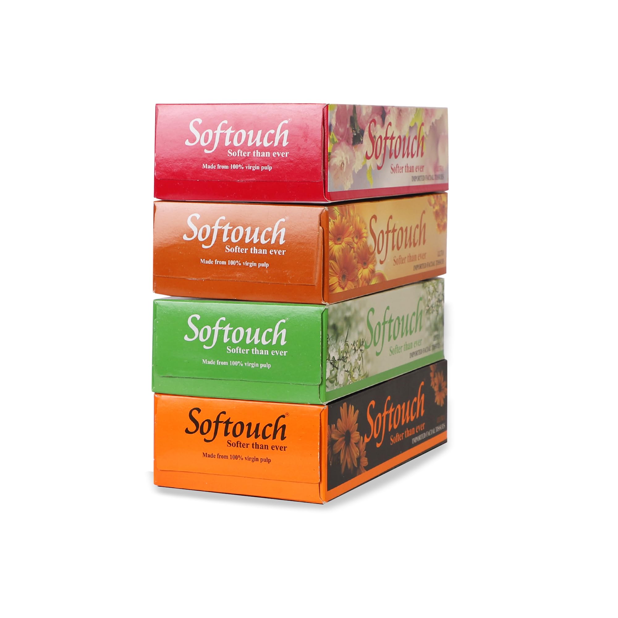Softouch 2-Ply Facial Tissues for Home & Car - 4 Pack (100 Pulls Per Box, 800 Sheets Total) | Ultra-Soft & Gentle for Nose Care, Makeup Removal & Everyday Use