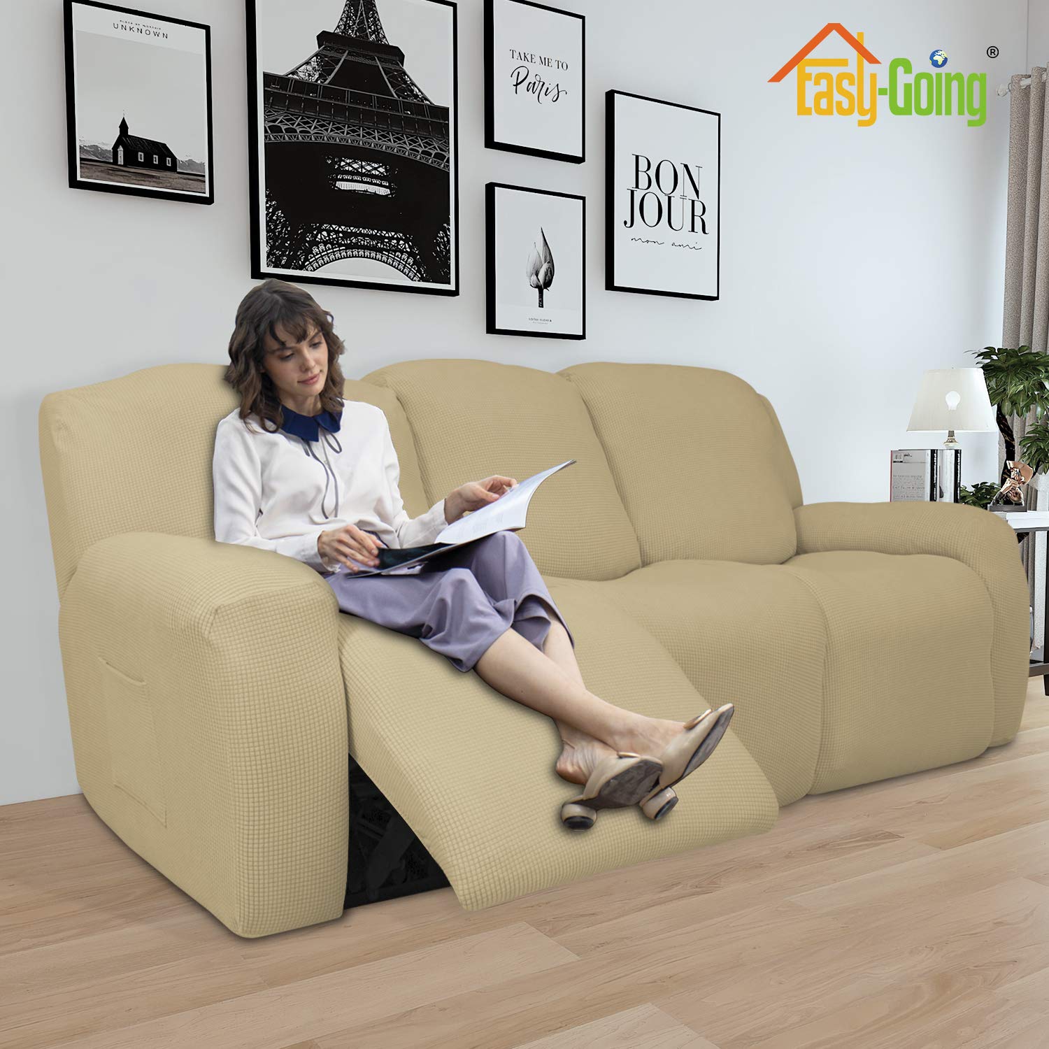 8-Piece Recliner Sofa Slipcover Set - Stretchable Jacquard Fabric with Elastic Bottom - Beige Checkered Design - Furniture Protector for Couches, Chairs & Sectionals - Perfect for Homes with Kids & Pets
