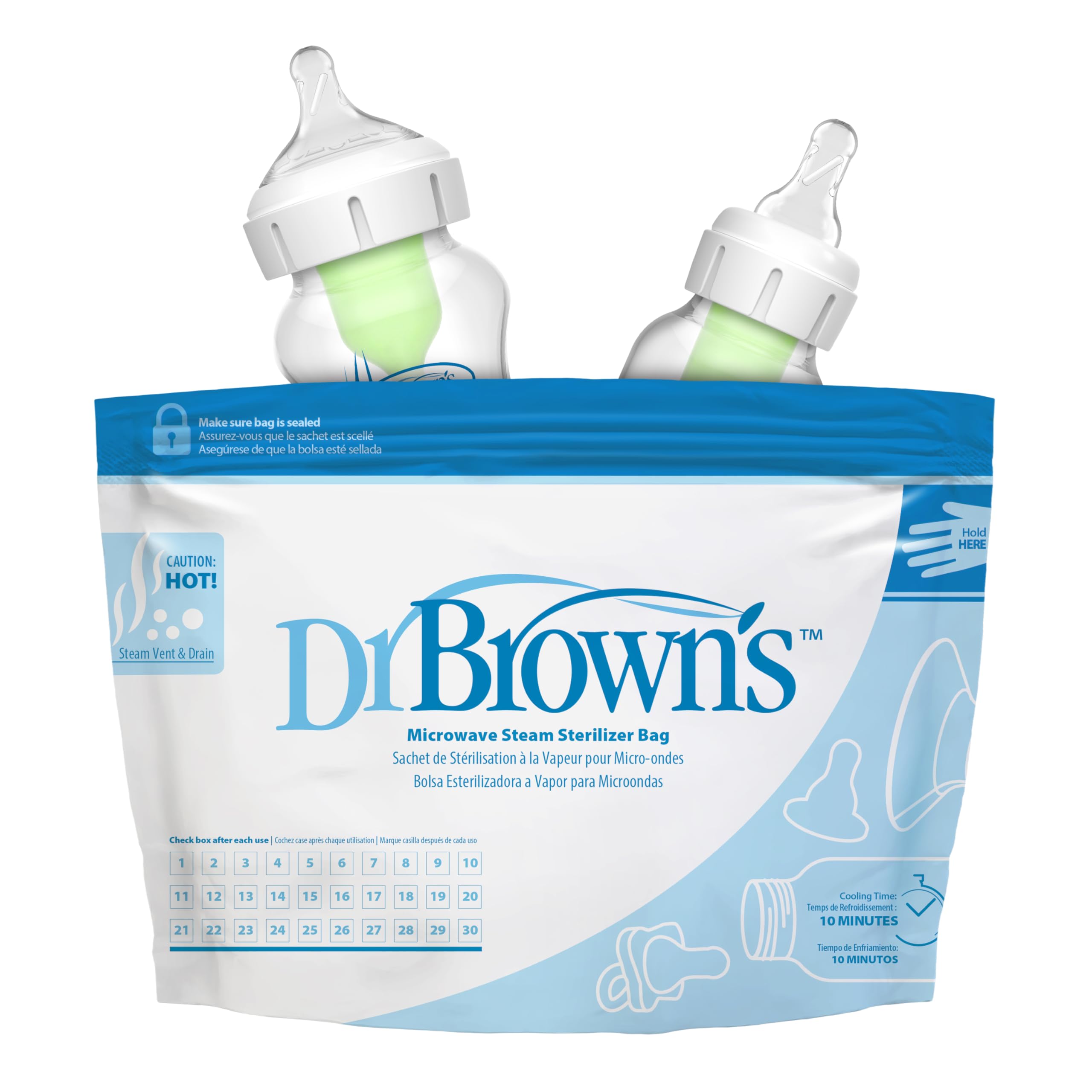 Dr. Brown's Microwave Steam Sterilizer Bags - Baby Bottle Sterilizer for Pacifiers, Pump Parts & Accessories | 30 Uses per Bag, 5-Pack | Travel-Friendly & Quick Sanitizing for On-the-Go Parents | Perfect for Daycare, Travel & Daily Baby Care