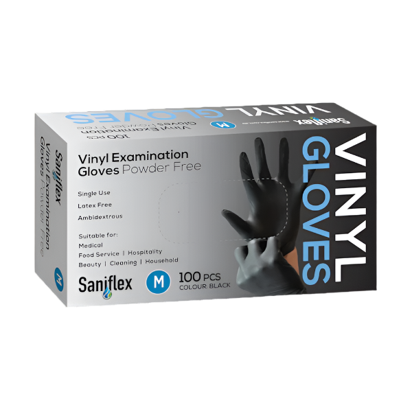 Saniflex Powder-Free Black Vinyl Gloves - Disposable, Latex-Free, Durable for Cleaning, Food Handling & Medical Use