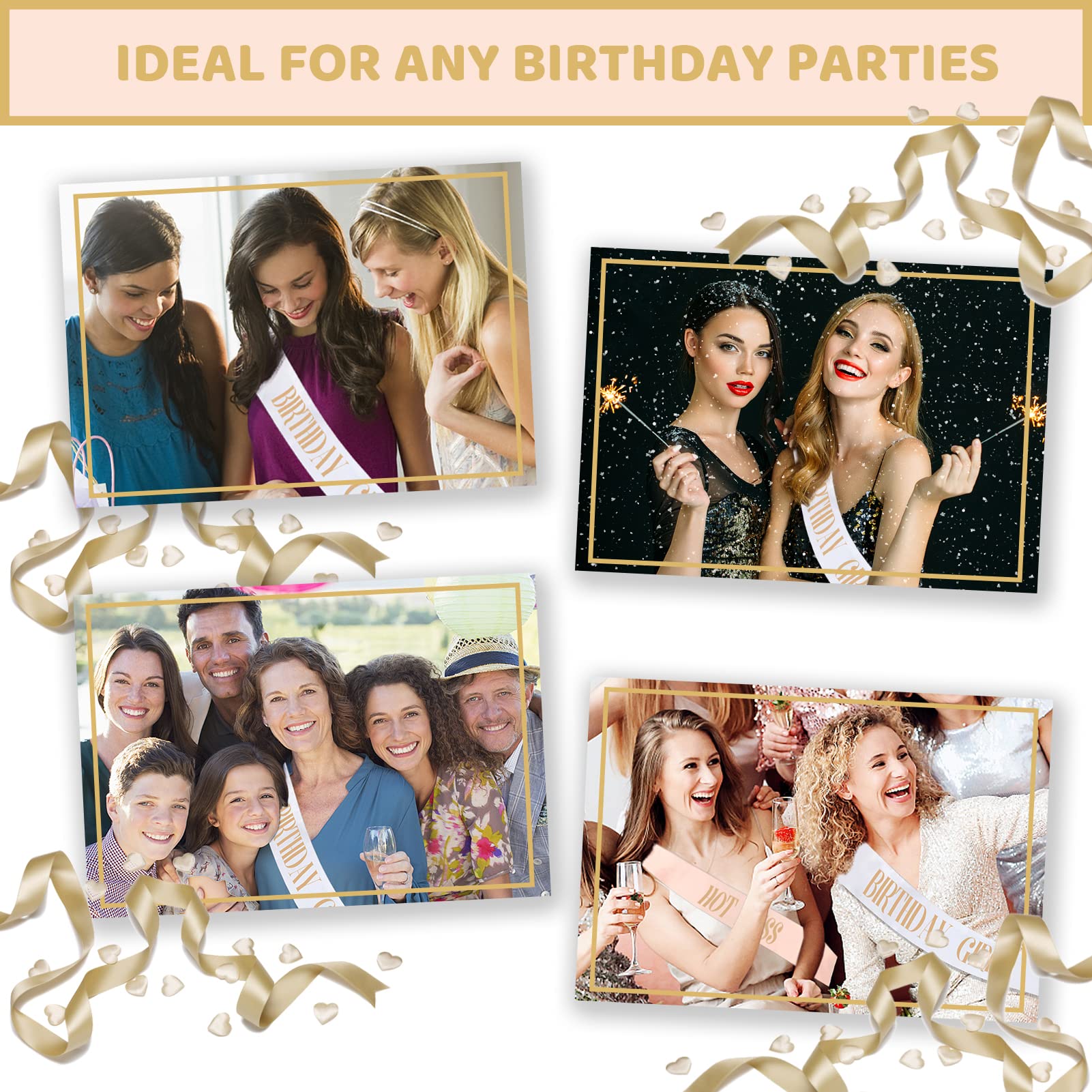12Pcs Birthday Sashes for Women & Girls - 1 White & 11 Rose Gold Satin Party Sashes Set - Perfect for Birthday Party Decorations, Gifts & Favors - Great for Bachelorette Parties, Bridal Showers & Birthday Celebrations