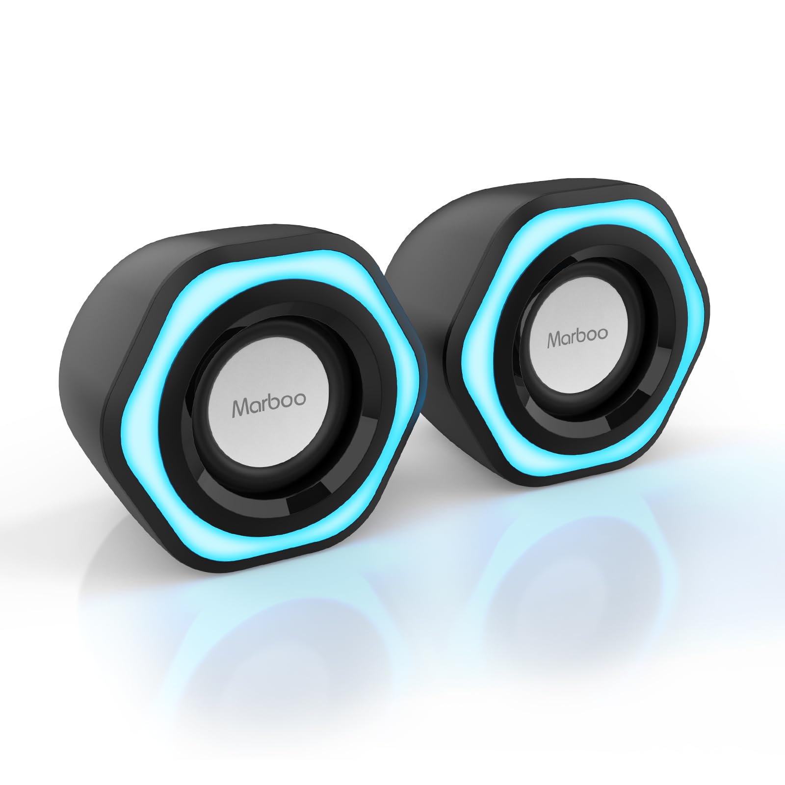 USB Powered Computer Speakers with 3.5mm AUX Jack - HiFi Stereo Sound, Volume Control & Ice-Blue LED Lights - Compact PC Speakers for Gaming, Desktop, Laptop, Windows PC, Smartphone & Tablet - Perfect for Home Office, Gaming Setup & Multimedia Entertainment