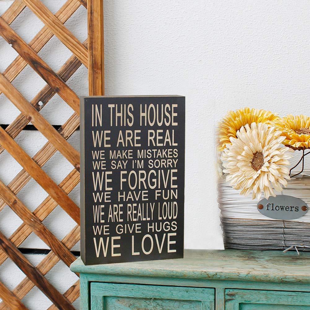 13x8 Inch Wooden Decorative Box Sign - Rustic Tabletop & Hanging Wall Art for Home Decor, Perfect for Living Room, Bedroom & Kitchen | 'In This House We Are Real' Farmhouse Style Sign | Great for Housewarming Gifts & Cozy Home Accents
