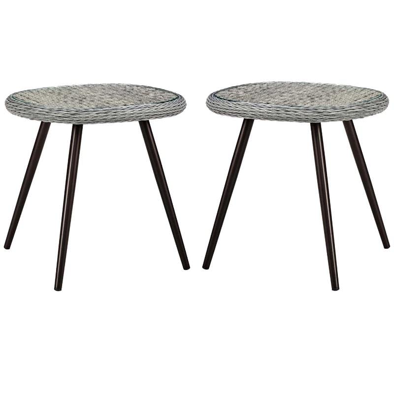Gray and Black Glass Top Patio End Table Set of 2 - Modern Outdoor Side Tables for Pool, Garden, Deck & Balcony Furniture