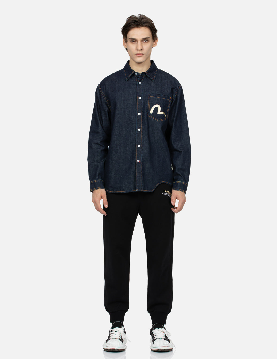 Kamon Stitching & The Great Wave Daicock Print Relax Fit Denim Shirt for Men - Casual Wear, Street Style, and Japanese Fashion Outfits