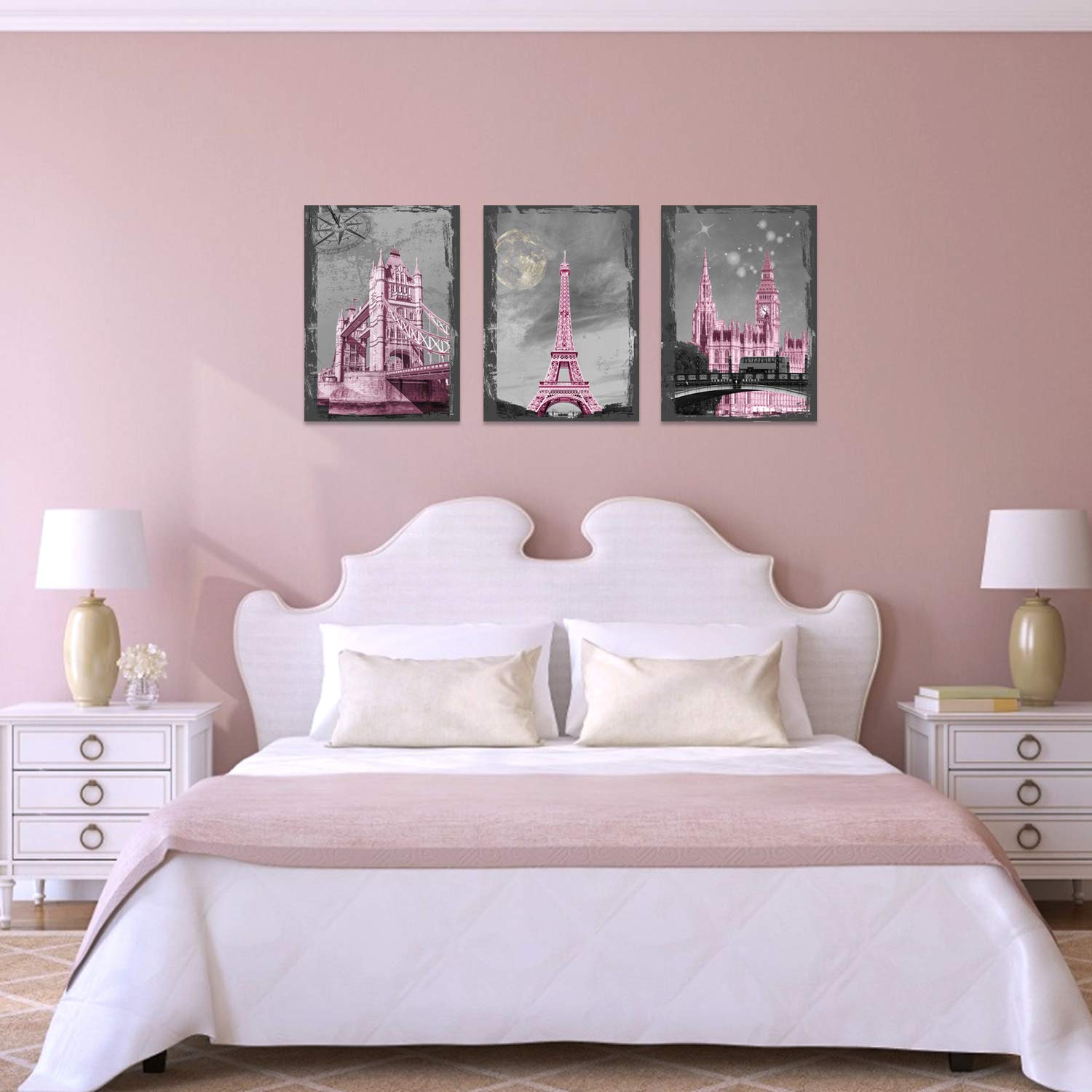 YUANAND Eiffel Tower Wall Decor - Pink Paris Canvas Art for Girls' Room - Framed Bedroom Posters & Paintings - Perfect for Kids' Bedroom, Nursery, and Teen Room Decor