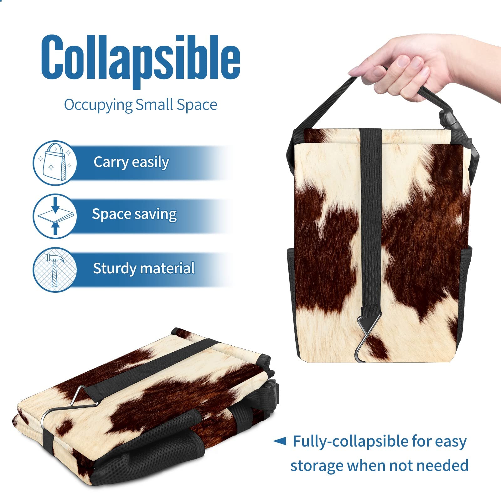 Western Cowhide Car Trash Can with Lid - Collapsible Reusable Waterproof Auto Garbage Bin for Car, Truck & SUV | Car Accessories Interior Organizer for Road Trips, Commuting & Camping