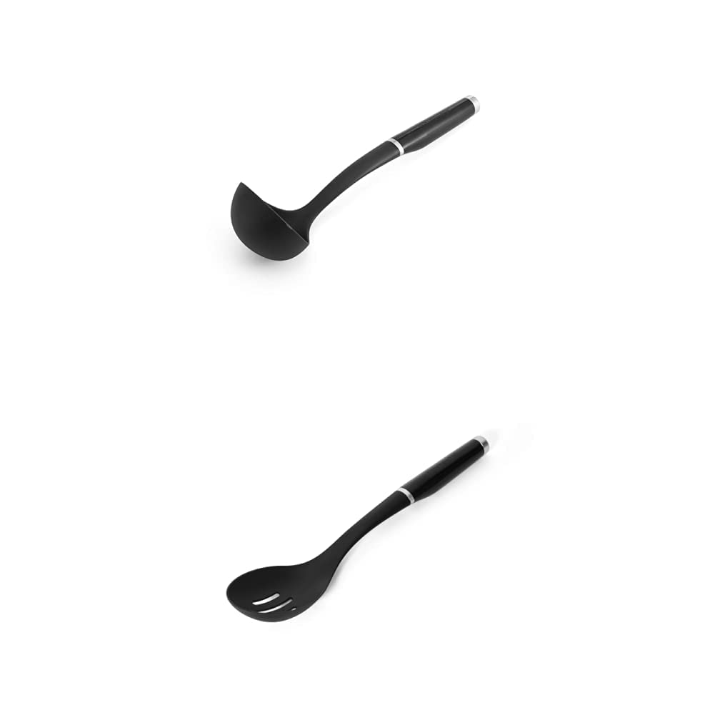 KitchenAid Classic Black Soup Ladle & Slotted Spoon Set - 2 Piece Stainless Steel Kitchen Utensils for Cooking, Serving, and Mixing Soups, Pasta, and Sauces