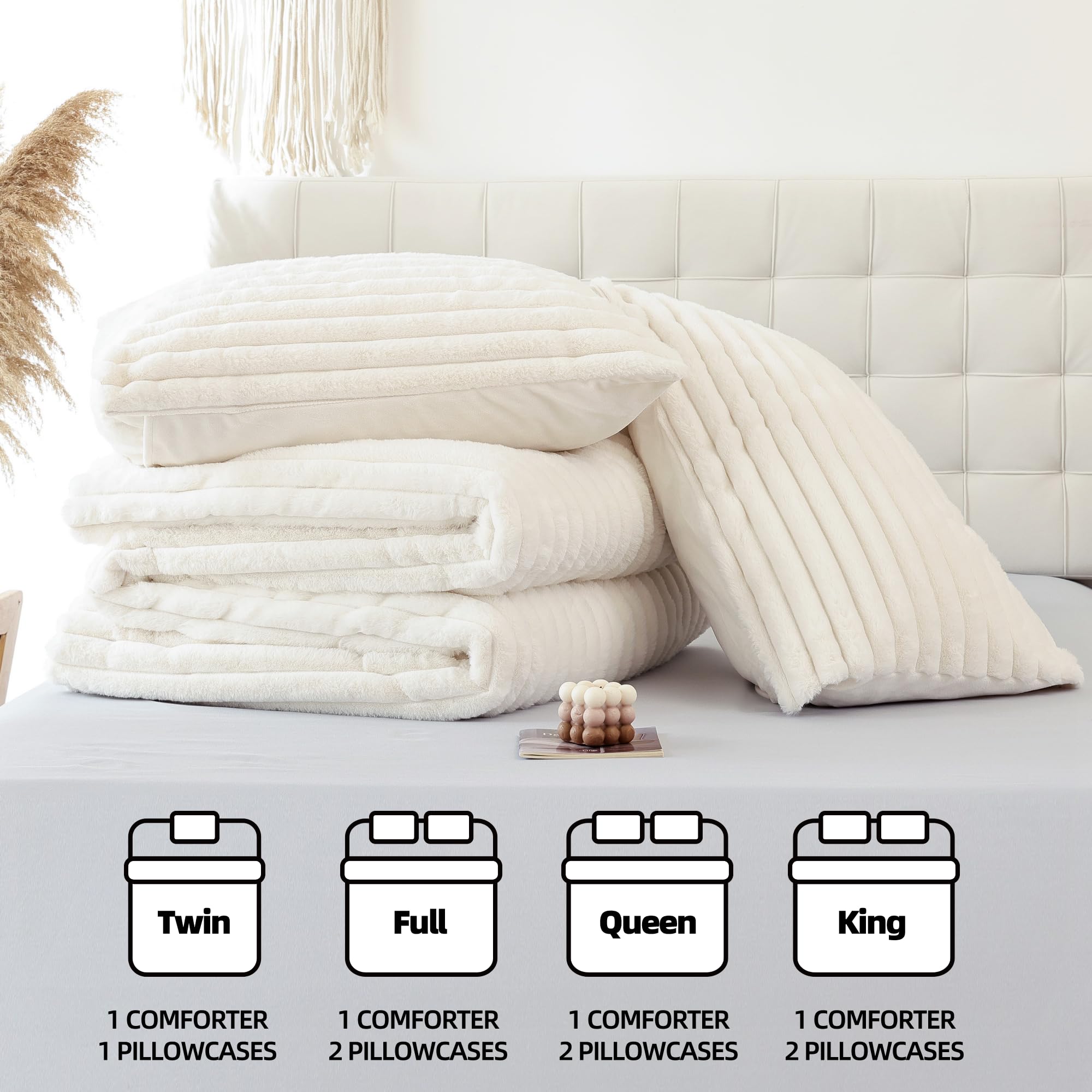Luxury Fluffy Queen Comforter Set 3-Piece - Cream White Faux Fur Bedding, Ultra Soft & Warm Fleece Blanket for All Seasons, Includes 2 Pillow Shams | Cozy Bedroom Upgrade for Winter Nights & Hotel-Style Comfort