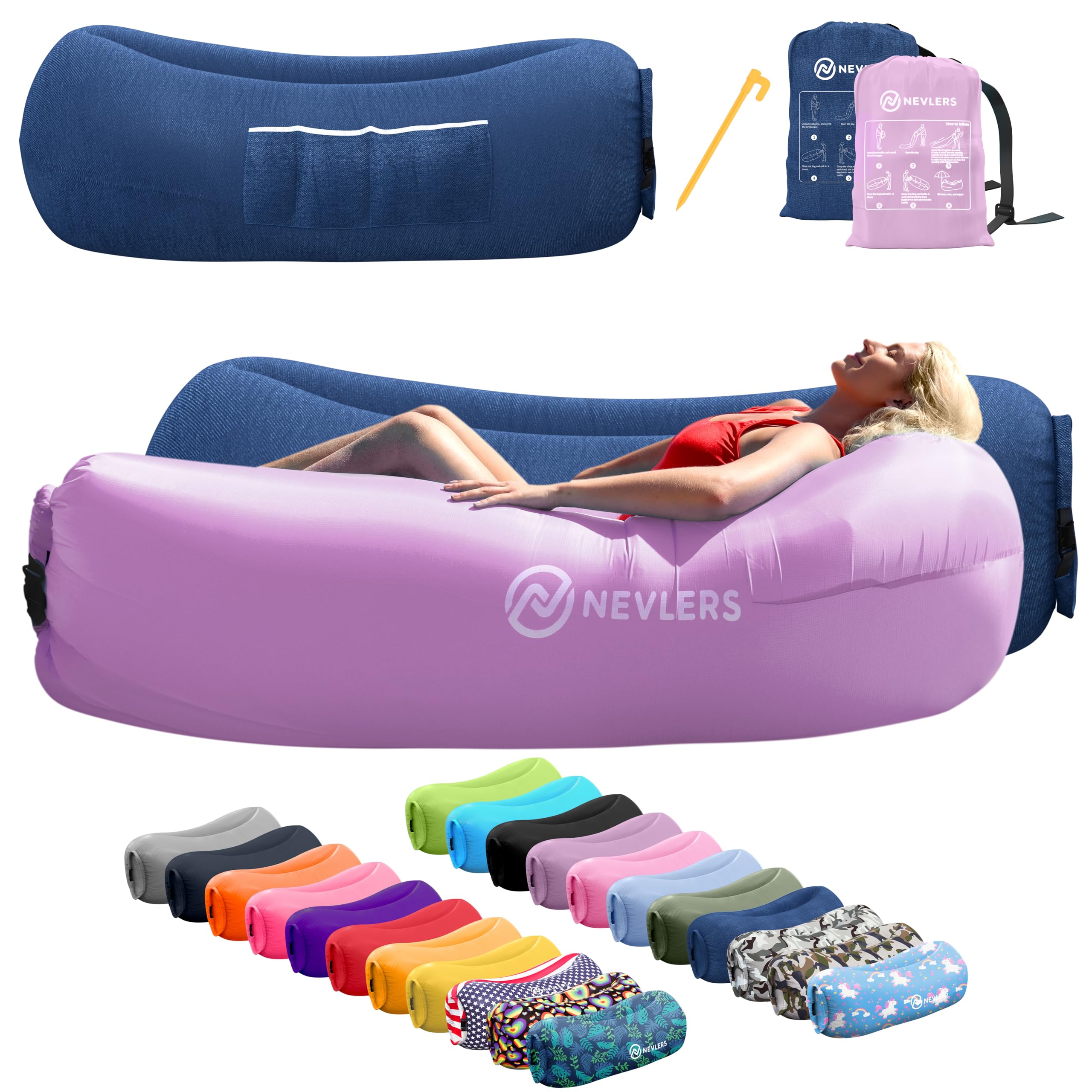 Nevlers 2 Pack Inflatable Loungers - Portable Air Sofa Couch for Beach, Camping & Outdoor | Includes Travel Bag, Pegs & 3 Storage Pockets | Perfect for Picnics, Backyard Relaxing, Poolside Lounging & Festival Seating | Quick Blow Up Lounger Chair