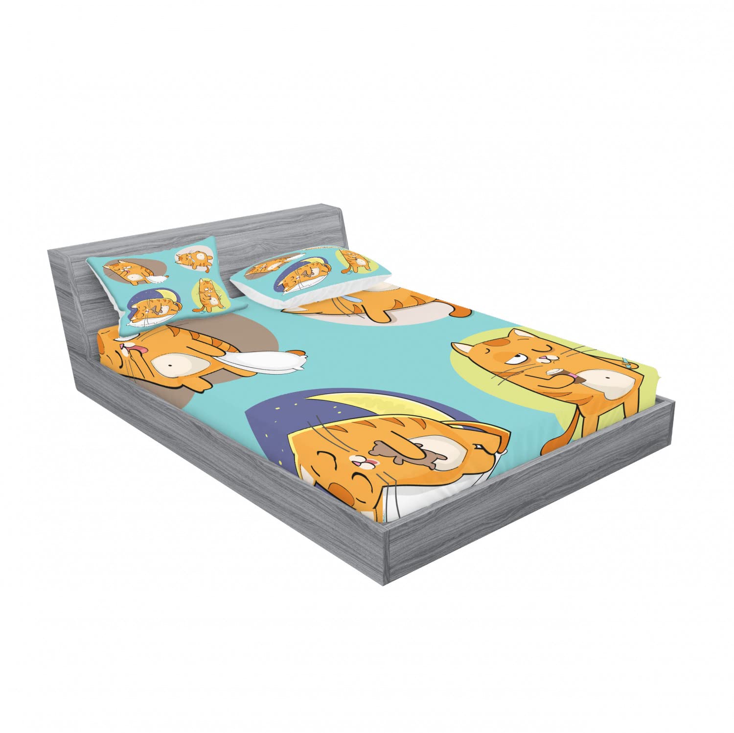 Lunarable 2-Pack Queen Size Cat Themed Fitted Sheet Set with 4 Pillow Shams - Sleepy Kitten Cartoon Print Bedding Collection in Turquoise Apricot Grey | Cozy Pet Lover's Bedroom Decor for Kids & Adults