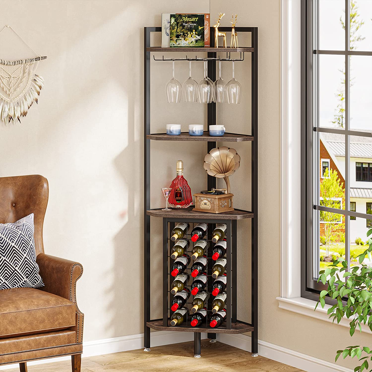 4 Tier Corner Wine Rack with Glass Holder & Storage Shelves - Space Saving Wine Storage for Kitchen, Bar, Dining Room & Home Decor