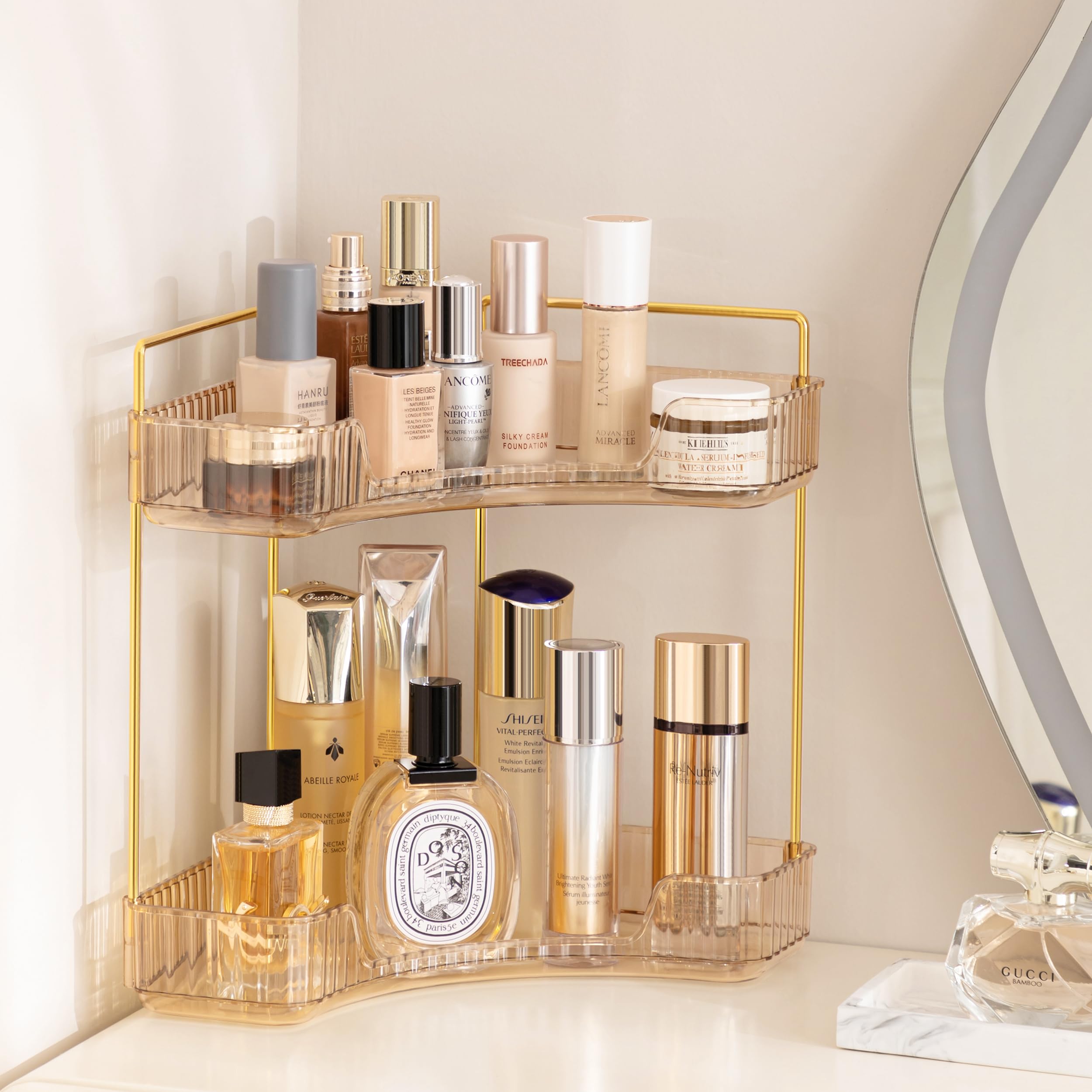 2-Tier Gold Bathroom Countertop Organizer - Corner Makeup & Skincare Storage Tray for Perfumes, Cosmetics & Toiletries | Perfect for Vanity, Sink Area & Small Bathroom Spaces