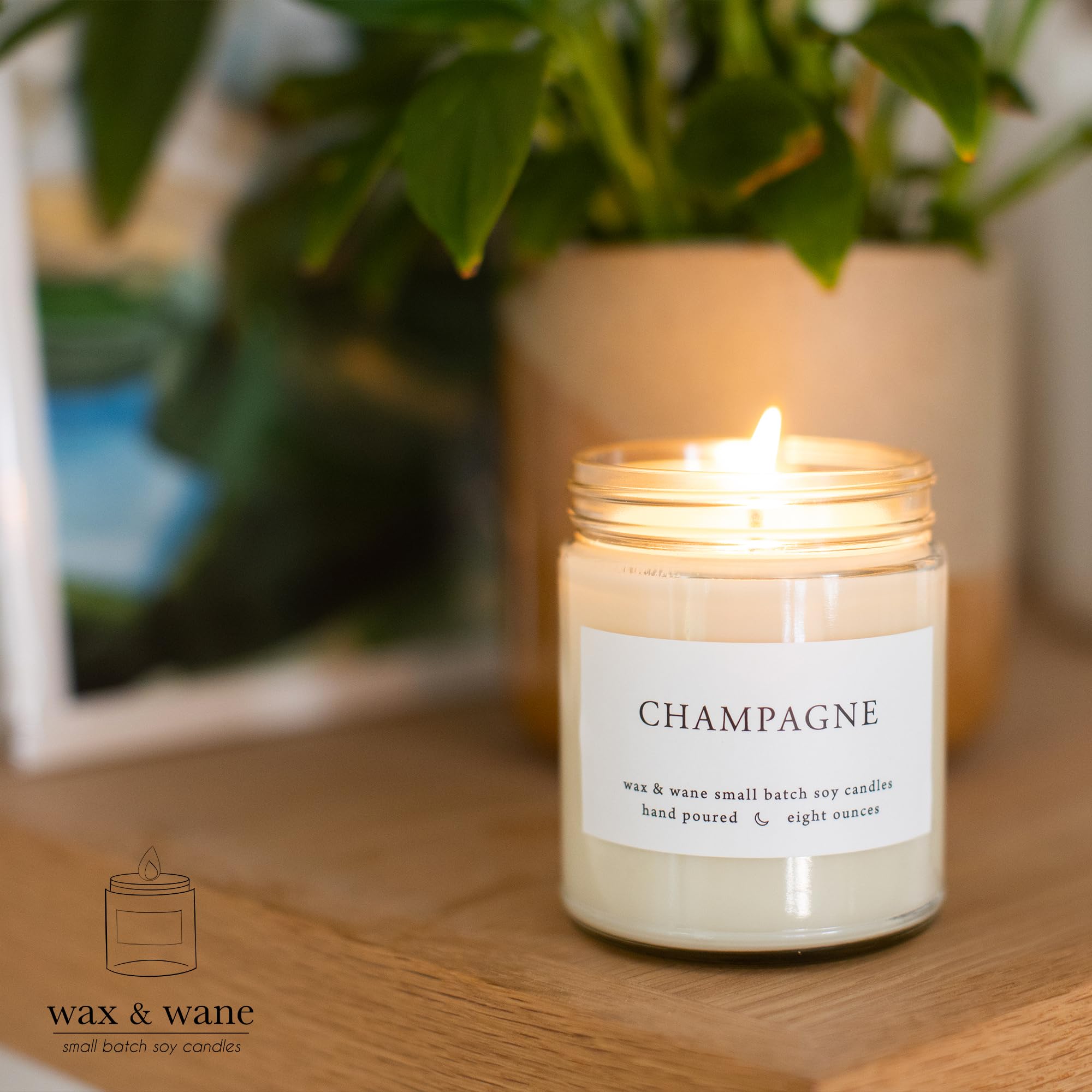 Wax & Wane Champagne 8oz Handmade Soy Candle - 40+ Hour Burn Time, Natural Aromatherapy for Home, Bedroom & Bathroom - Made in USA | Perfect for Relaxation, Romantic Dinners & Spa Nights
