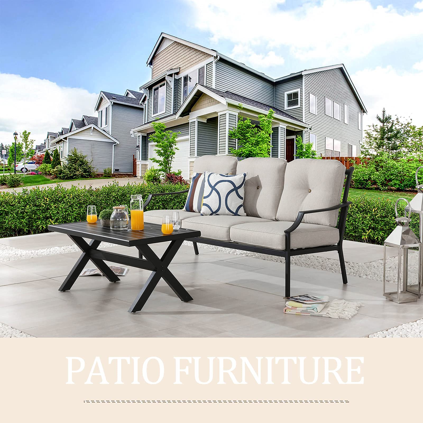 2-Piece Outdoor Metal Loveseat Patio Set with Coffee Table & Cushions - 3-Seater Garden Sofa for Deck, Porch, Backyard - Weather-Resistant Beige Furniture (Perfect for Outdoor Entertaining & Relaxation)