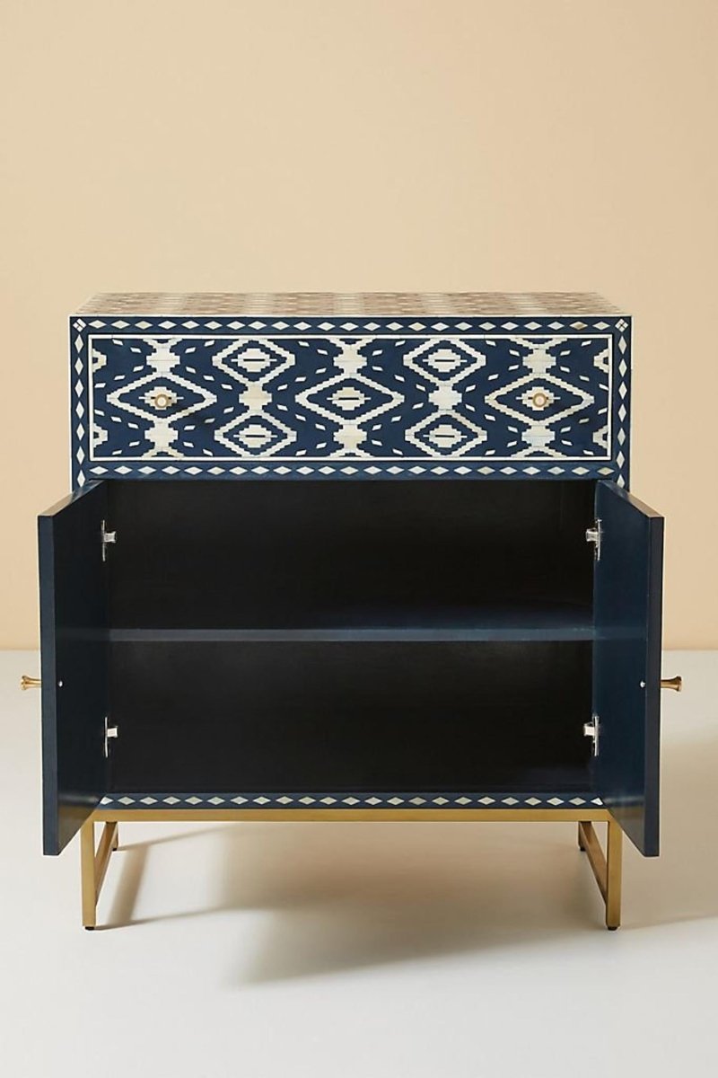 Handmade Blue Bone Inlay Entryway Cabinet - Ikat Design Wooden Console Table for Hallway & Living Room Decor | Perfect for Home Entry Storage & Stylish Display