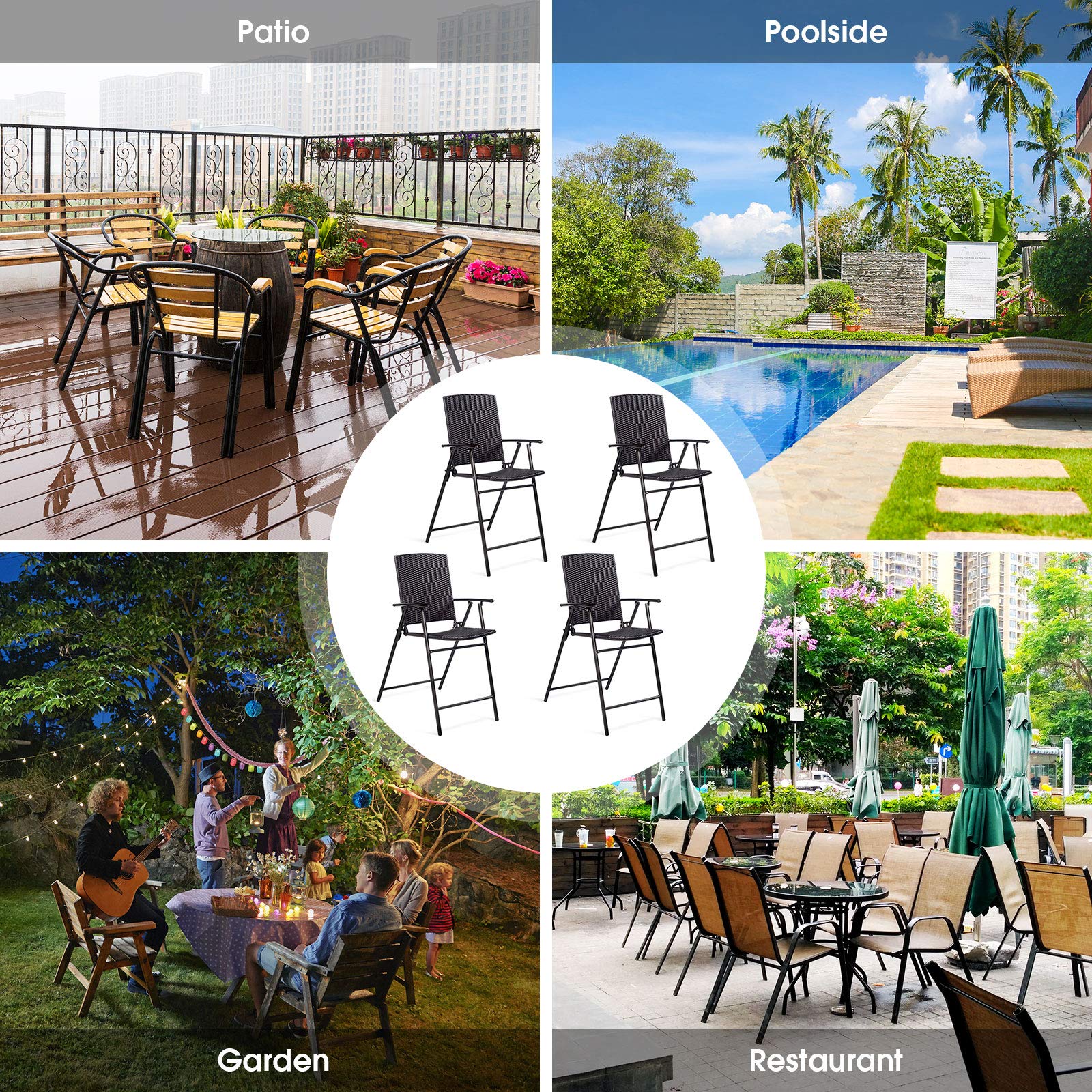 4-Piece Folding Wicker Rattan Bar Stool Set - Tall Backrest Bar Chairs with Steel Frame, Armrests & Footrest - Outdoor Patio Furniture for Garden, Poolside & Restaurant Use