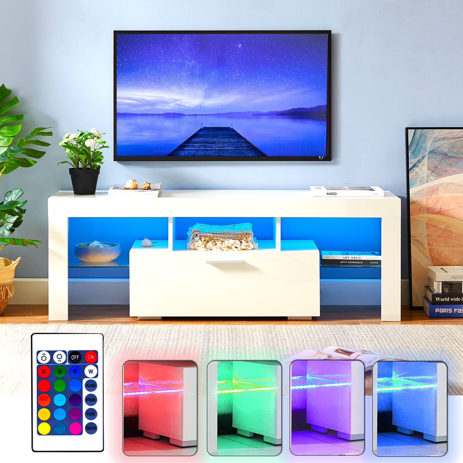 Modern TV Stand with 16-Color LED Lights - High Gloss Entertainment Center Console Table for 45-55 Inch TVs - White TV Cabinet for Living Room & Bedroom - Perfect for Movie Nights & Gaming Setup
