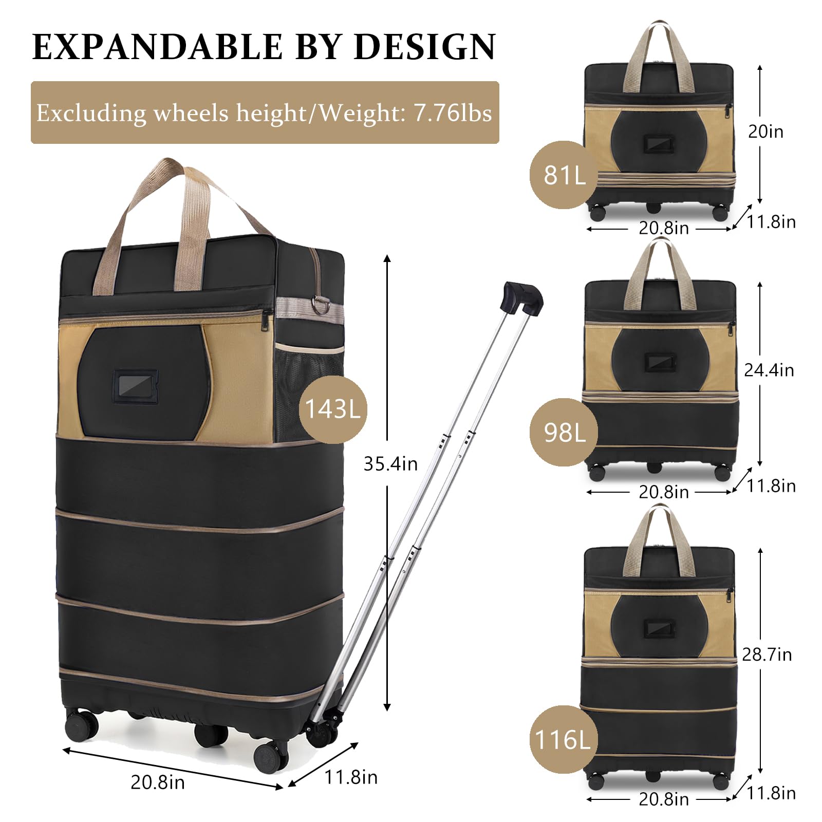 Expandable Collapsible Luggage with Telescoping Handle & Removable Wheels - Large Capacity Foldable Travel Suitcase for Men & Women - Perfect for Air Travel, Business Trips and Weekend Getaways