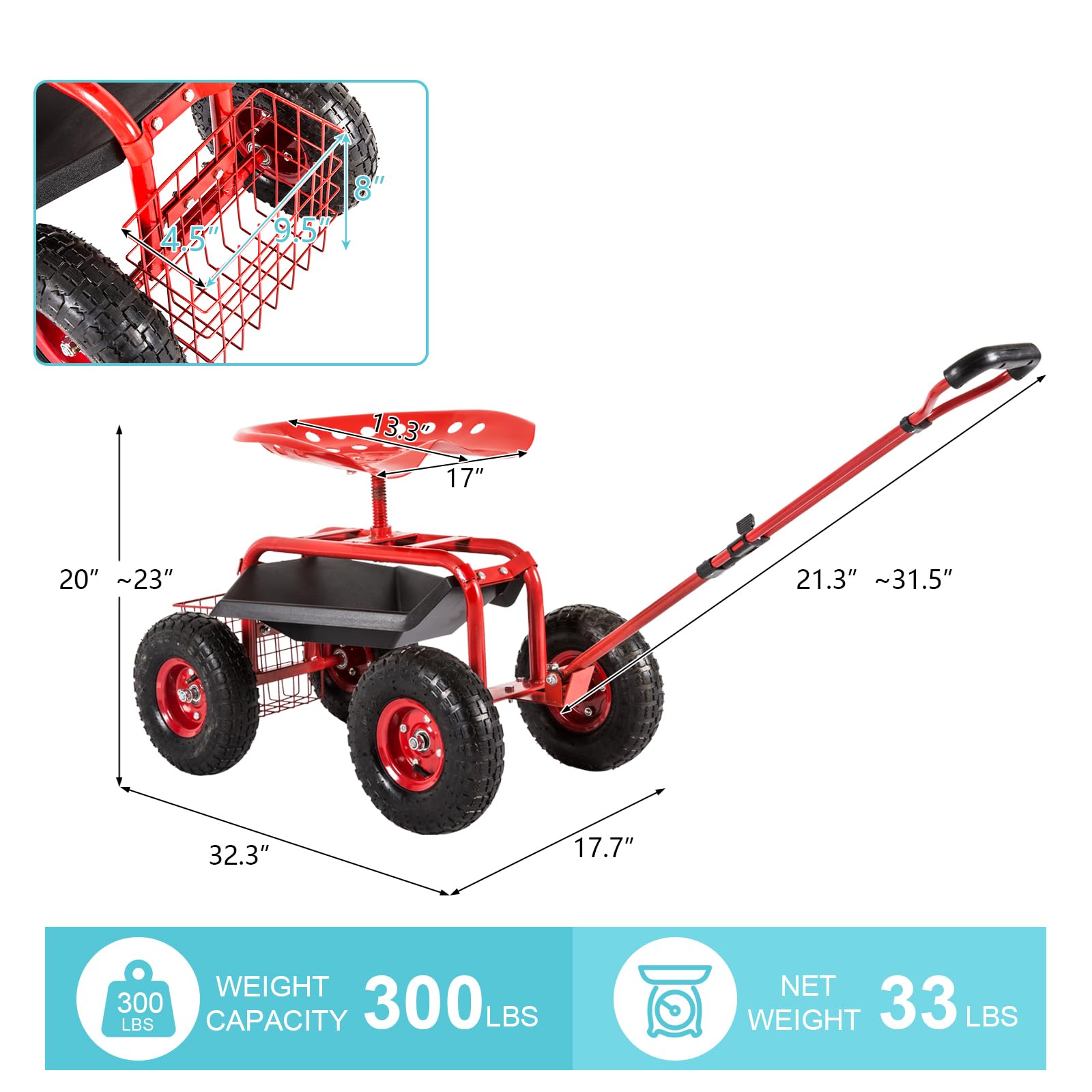 Heavy Duty Garden Cart with Tool Tray & Storage Basket - Rolling Work Seat Scooter with Wheels & Handle for Outdoor Gardening, Landscaping, and Yard Work