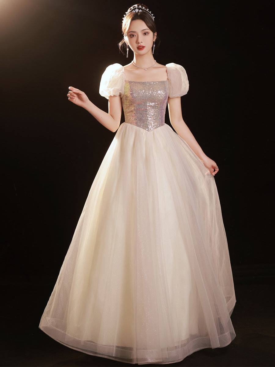 Elegant Champagne A-Line Long Evening Dress with Puff Sleeves - Formal Party Gown for Women | Perfect for Weddings, Galas & Special Occasions
