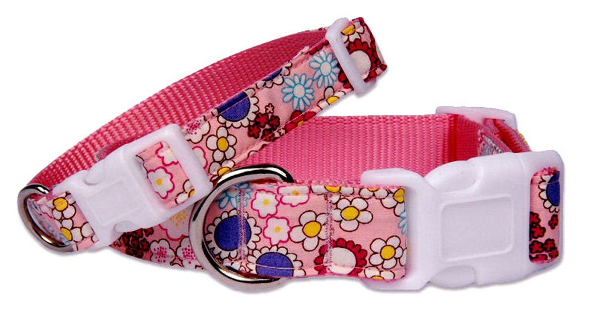 Retro Pink Floral Print Cotton Dog Collar - Handmade in USA, 100% Fabric on Durable Nylon for Medium to Large Dogs | Perfect for Daily Walks, Training & Outdoor Adventures