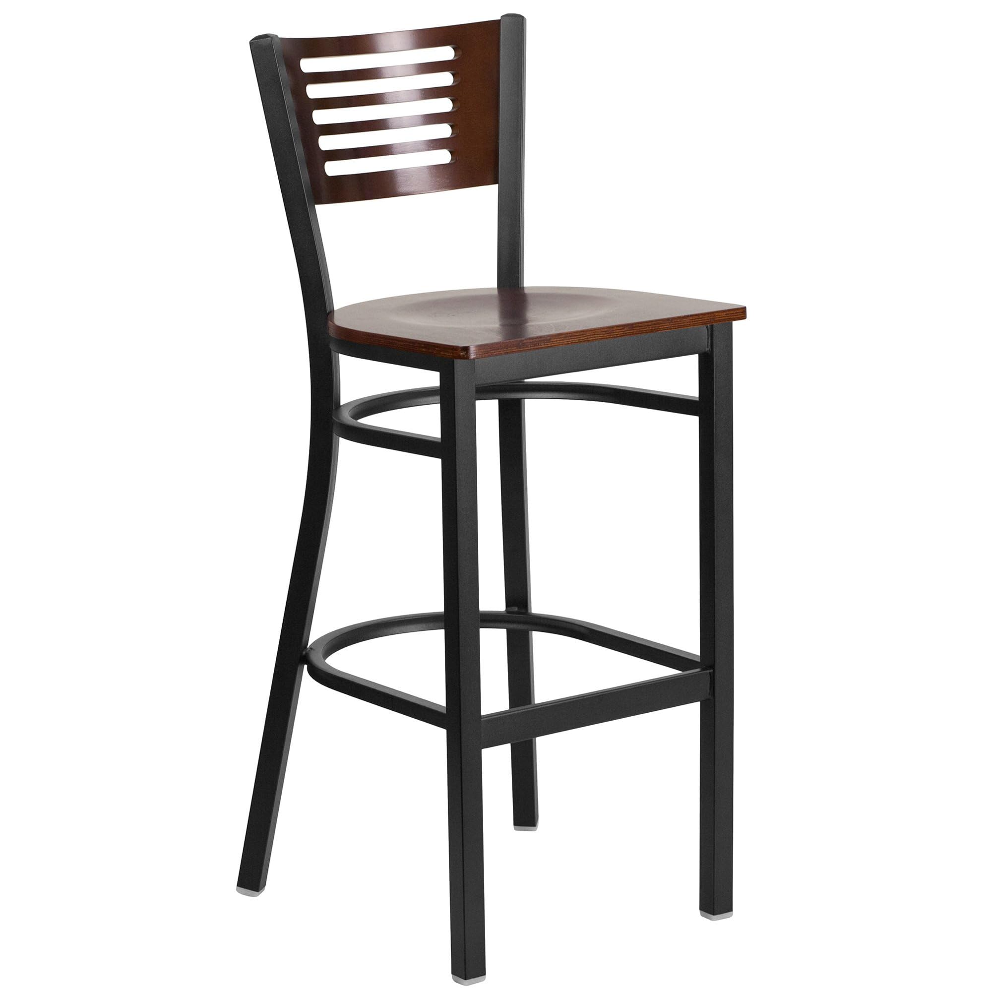 Flash Furniture HERCULES Series Black Slat Back Metal Bar Stool with Walnut Wood Seat - 24