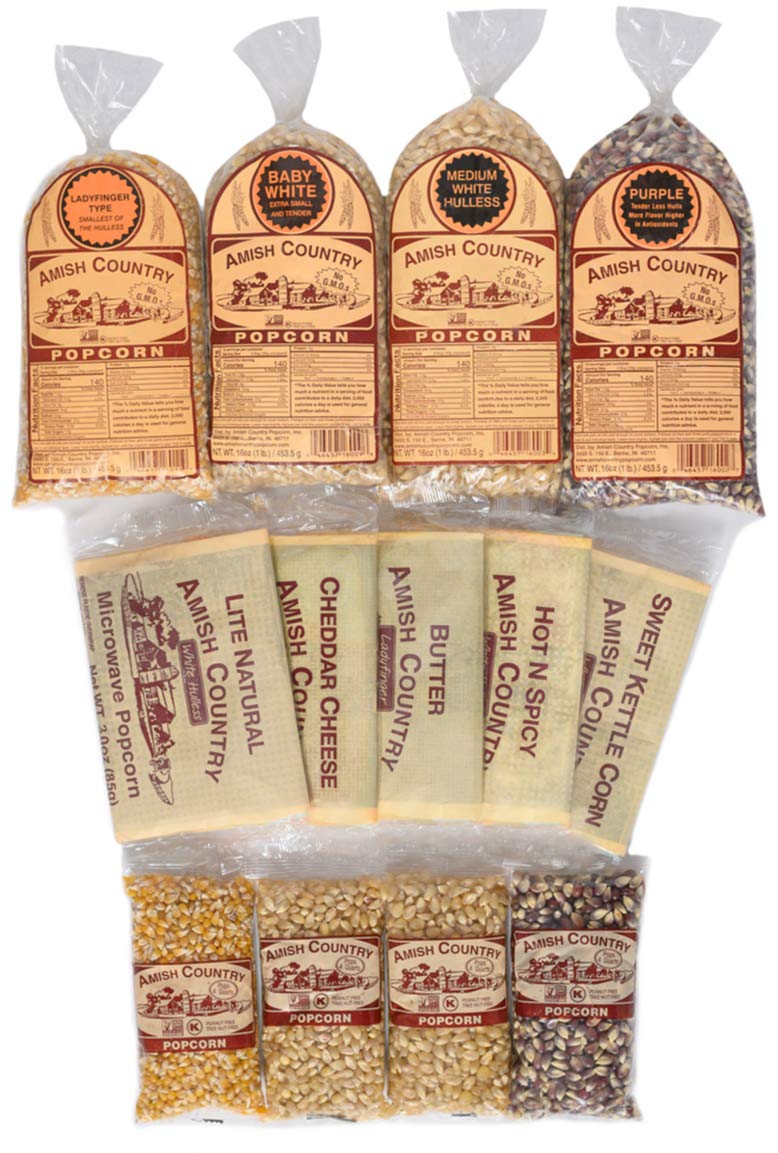 Amish Country Popcorn Variety Sampler Pack - 4-4 oz Bags, 4-1 lb Bags & 5 Microwave Popcorn Bags - Baby White, Medium White, Ladyfinger & Purple Popcorn Kernels - Perfect for Movie Nights, Snacking & Family Gatherings
