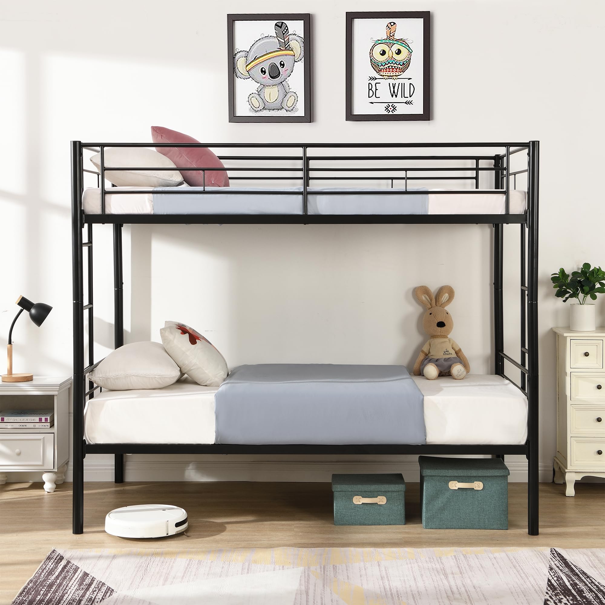 Yehha Sturdy Metal Bunk Bed for Kids & Teens - Twin Over Twin Bunk Bed Frame with 2 Ladders & Full-Length Safety Guardrail - No Box Spring Required - Quiet & Convertible to 2 Separate Beds - Youth Black - Perfect for Kids' Bedrooms, Dormitories & Space-Saving Small Rooms