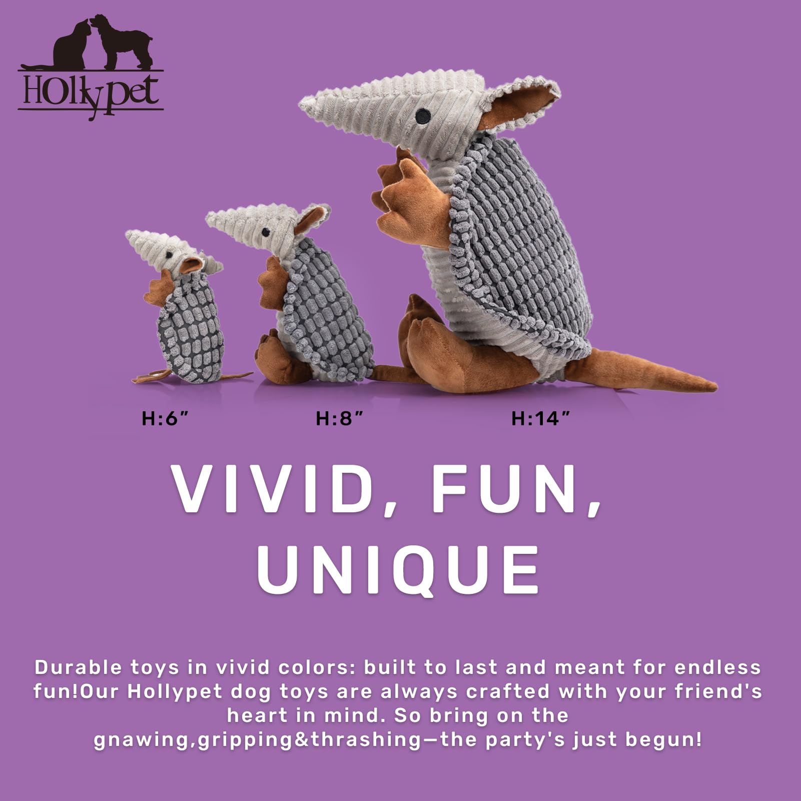 **Hollypet Plush Squeaky Dog Toy - Armadillo Stuffed Chew Toy for Small, Medium & Large Dogs | Teeth Cleaning & Interactive Play | Perfect for Indoor & Outdoor Fun, Dark Gray, 6 Inches**