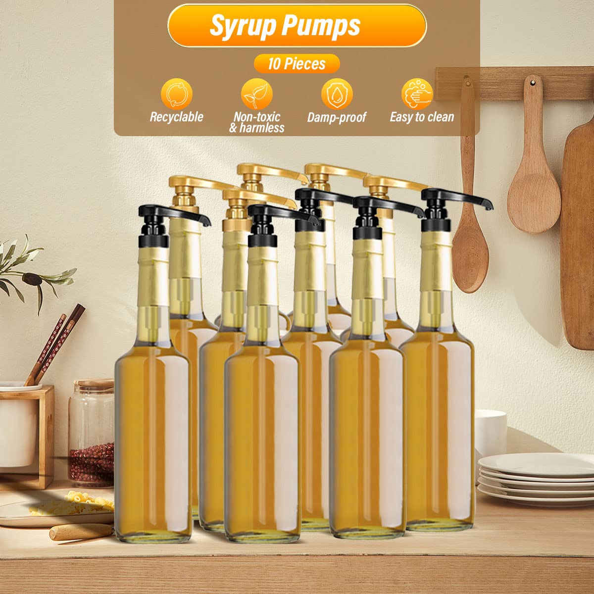 10-Piece Coffee Syrup Pump Set - 750ml Bottle Dispenser for Adding Syrup to Coffee, Tea, Sodas, Milkshakes & Ice Cream Cones - Perfect for Cafes, Bars & Home Use