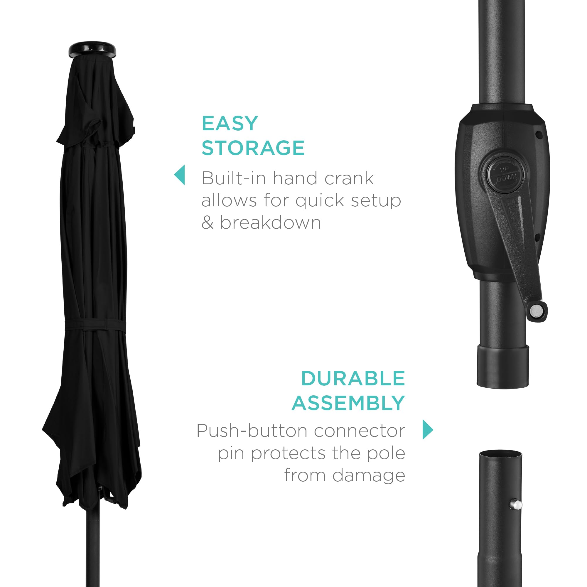 Best Choice Products 7.5ft Outdoor Solar Powered LED Patio Umbrella with Tilt & Crank - Perfect for Poolside, Deck, Garden, and Backyard Relaxation - Black