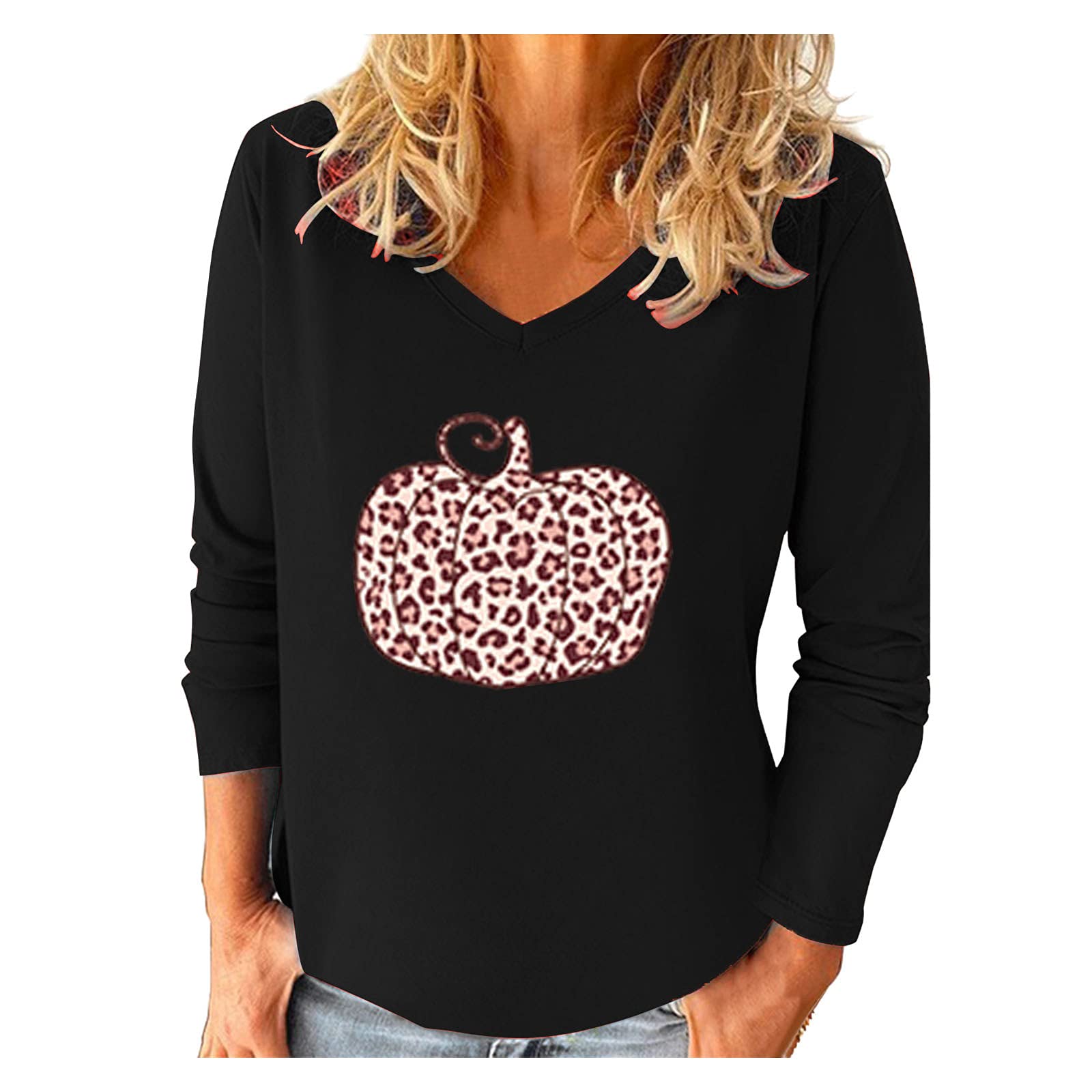 Stylish Halloween Printed Long Sleeve T-Shirt for Women - Casual V-Neck Blouse & Popular Fall Fashion Top | Perfect for Costume Parties, Autumn Outfits and Everyday Wear