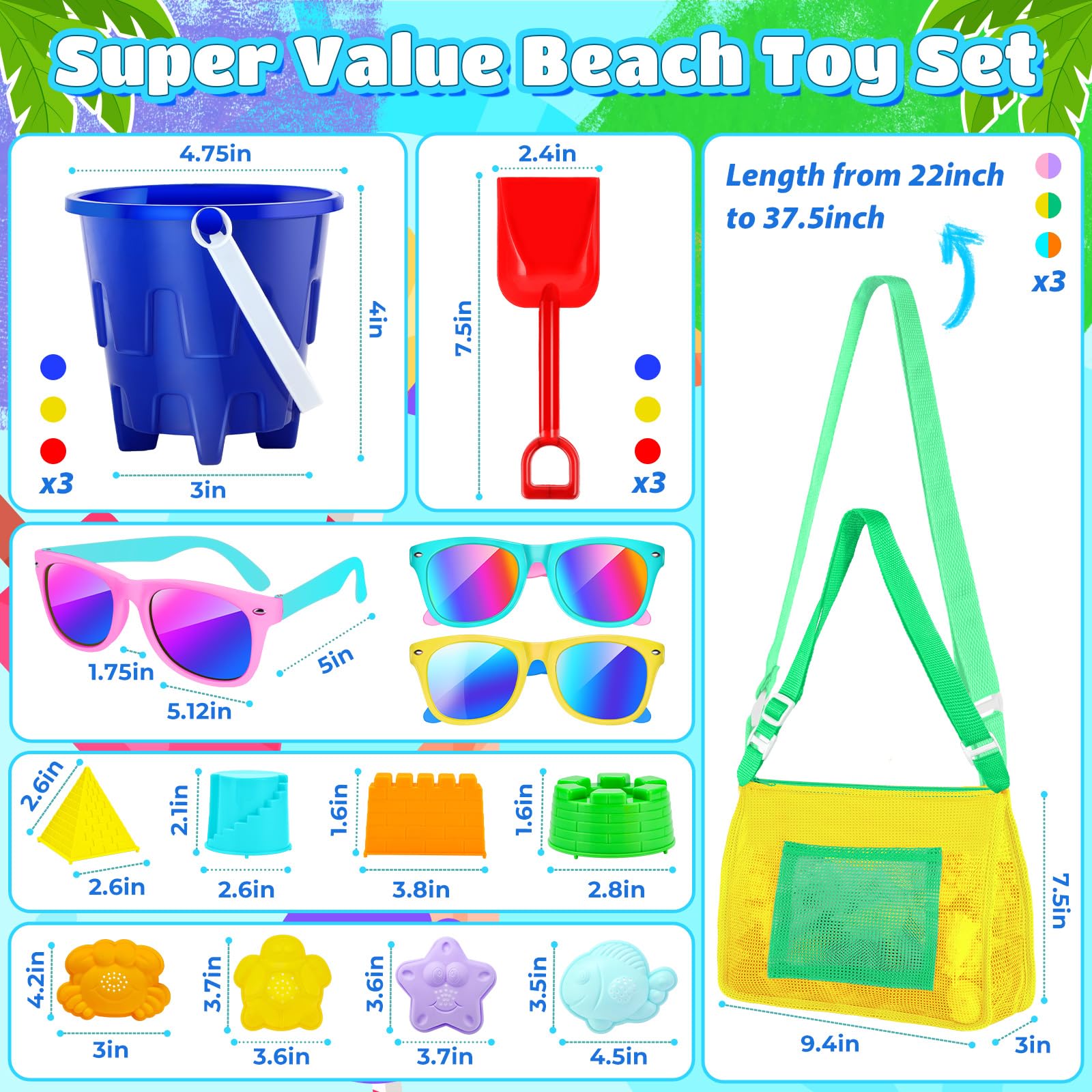 Beach Toys for Kids 3-10 - Sand Bucket, Sunglasses & Castle Set for Beach Fun