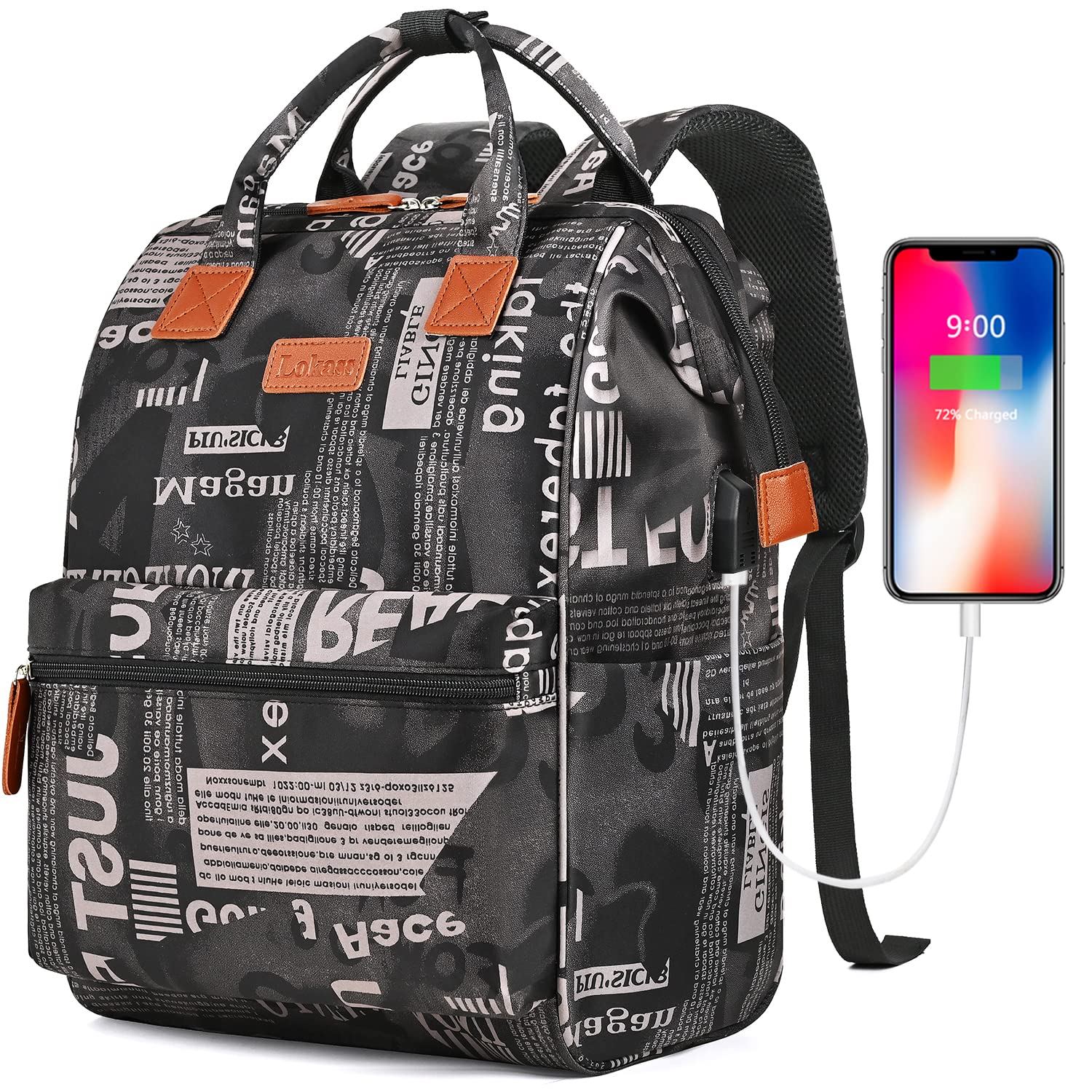 BRINCH 15.6 Inch Laptop Backpack - Water Resistant USB Charging Business Travel Bag, Multipurpose Daypack for College, Work & Commute, Ideal for Women & Men, Alphabet Design