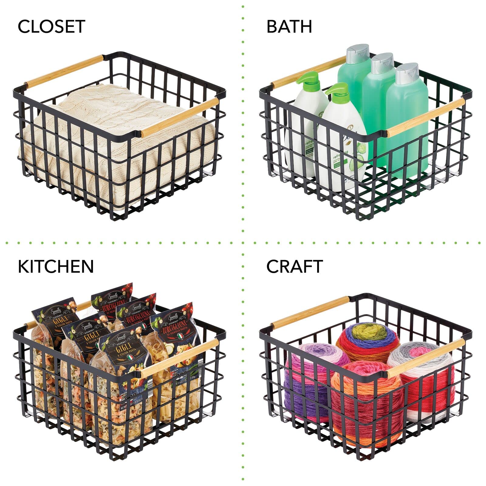 Metal Wire Storage Basket with Bamboo Handles - Square Organizer for Closet, Shelves, Linens, Blankets & Accessories | Yami Collection in Matte Black/Natural | Perfect for Bedroom, Bathroom & Entryway Organization