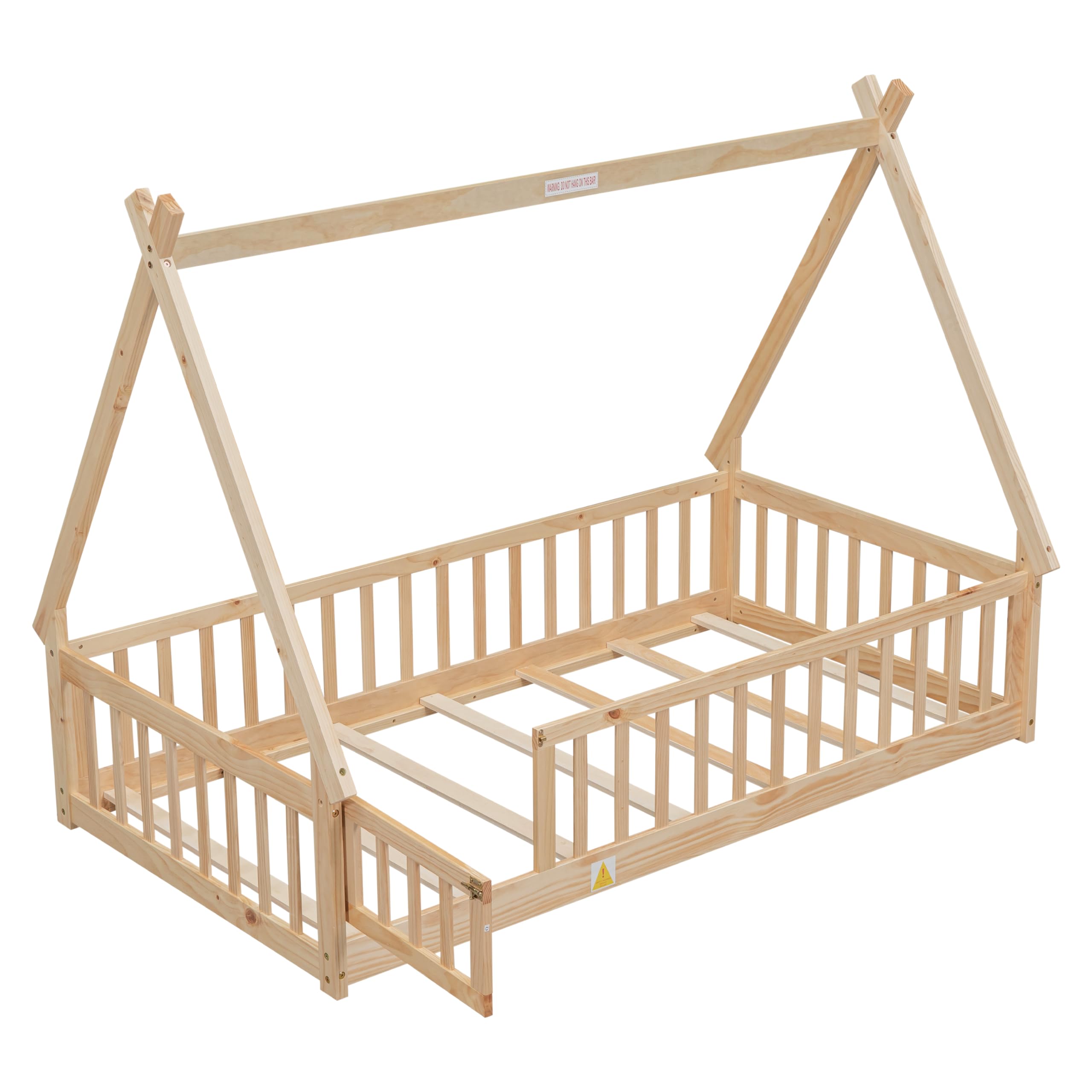 SOFTSEA Twin Size Tent-Shaped Floor Bed with Fence & Door - Solid Wood Bed Frame with Guardrails for Kids - House-Shaped Floor Bed with Triangle Structure - Natural Wood - Perfect for Kids' Bedroom, Playroom & Montessori Learning Spaces