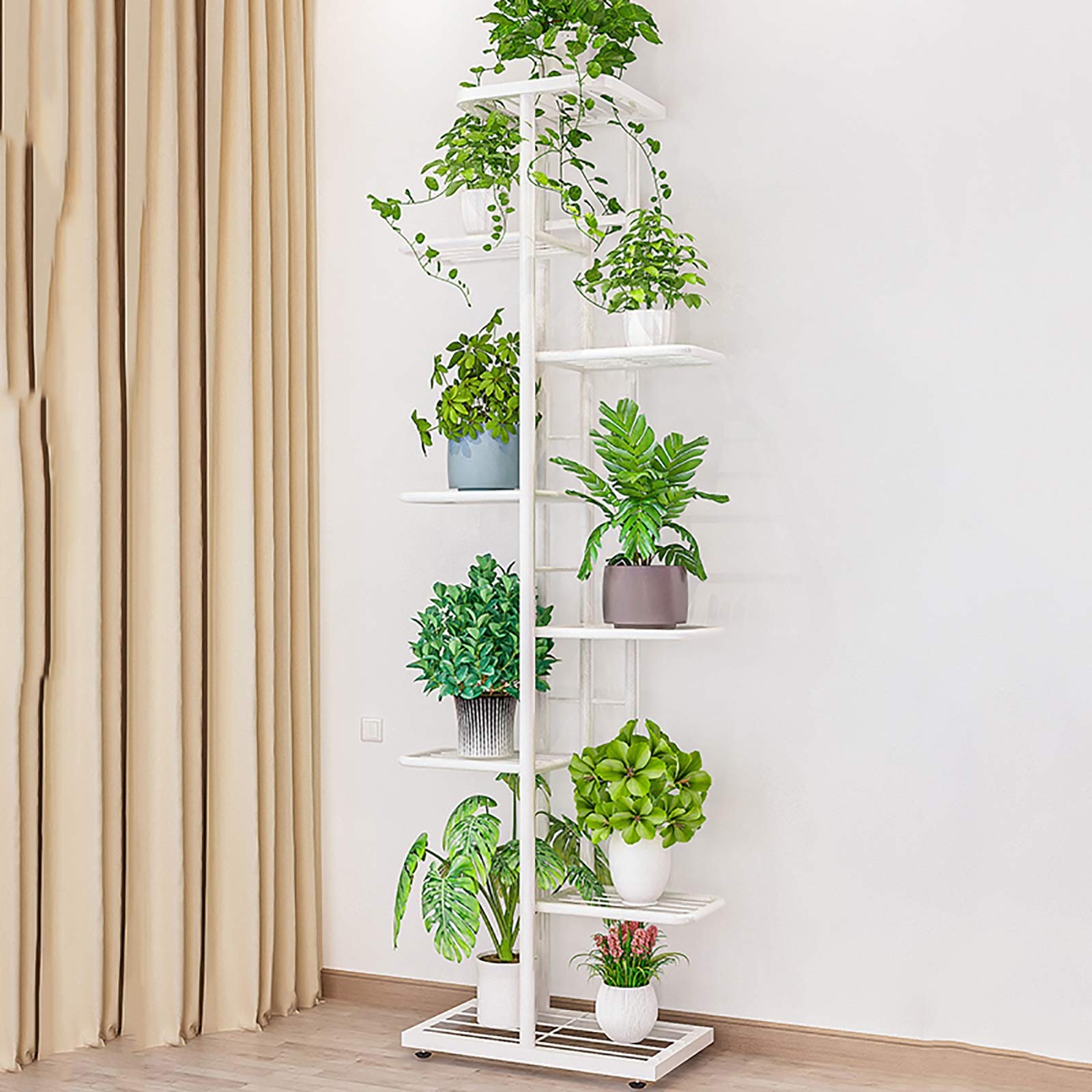 LIZIZYB White Iron Multi-Tier Flower Stand - 9 Floor Indoor/Outdoor Plant Holder for Living Room, Balcony, Garden Decor - Sturdy Metal Shelf for Pots & Home Decoration