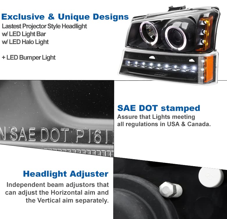 LED Halo Projector Headlights with Bumper Lights - Compatible with 2003-2006 Chevy Silverado & Avalanche - Black Housing for Enhanced Night Visibility & Style (Perfect for Off-Roading & Night Driving)