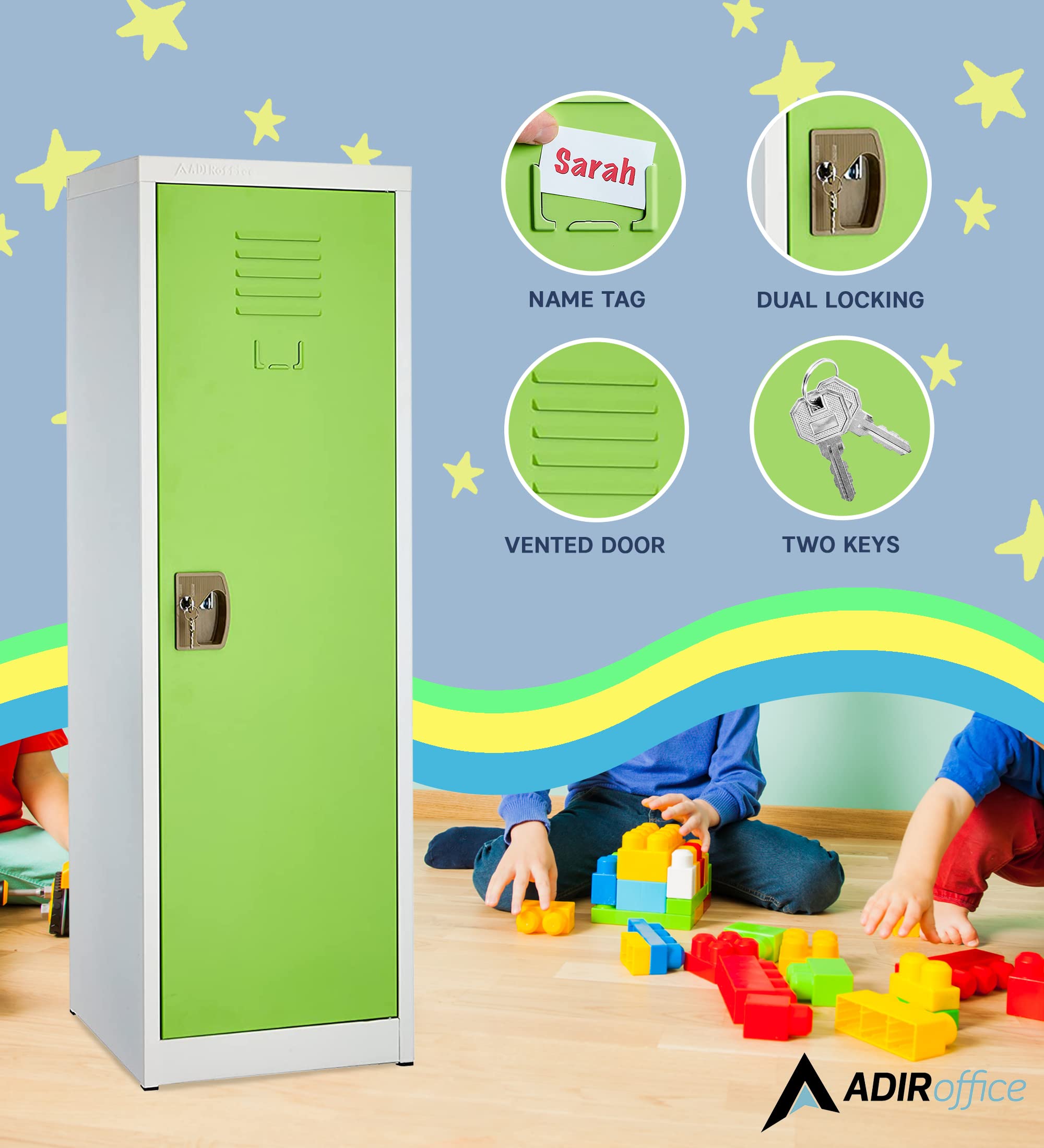 AdirOffice Kids Steel Metal Storage Locker with Key & Hanging Rods - 48 Inch Green School & Home Organizer for Clothes, Backpacks & Supplies - Perfect for Bedrooms, Dorm Rooms & Classrooms