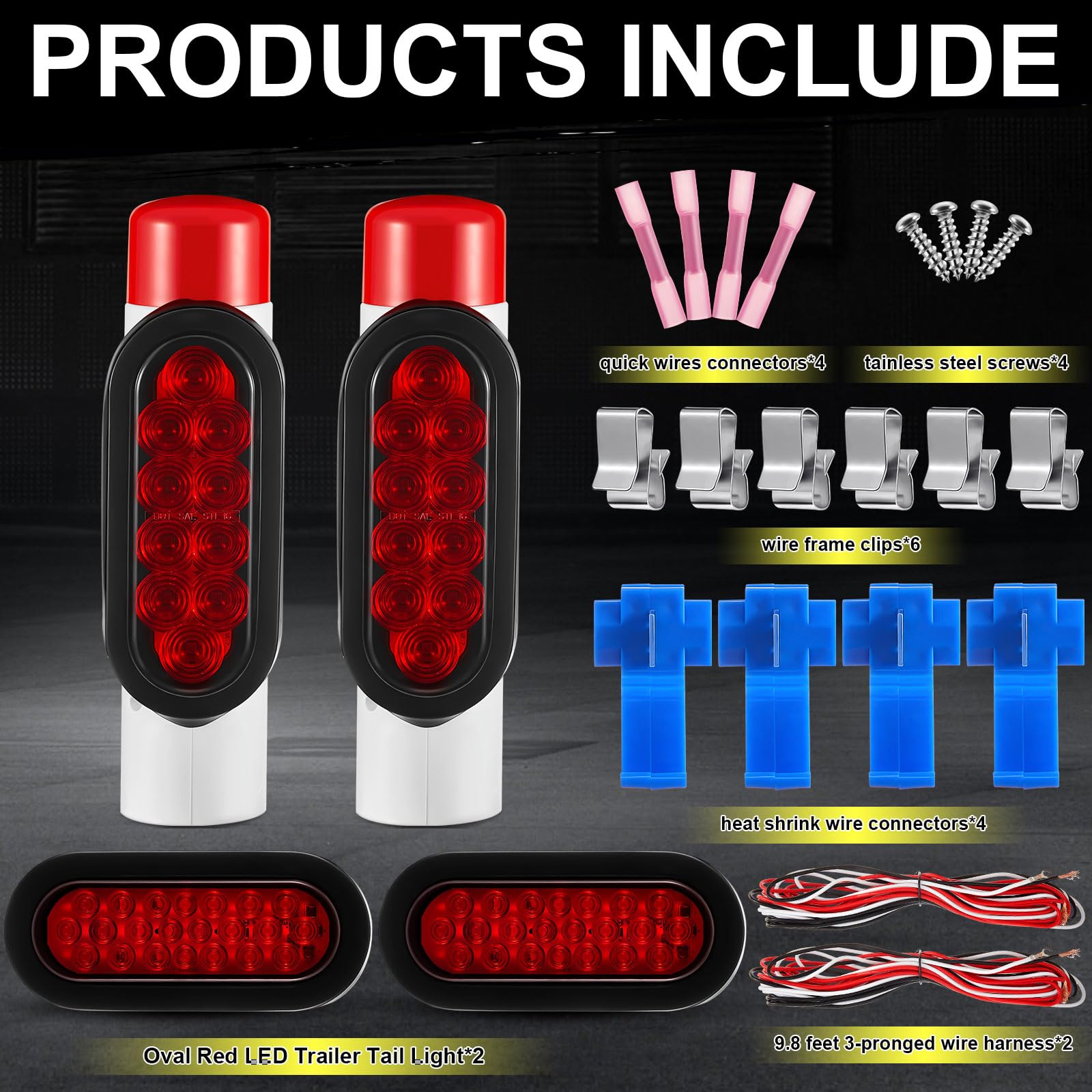 2 Pcs Boat Trailer Guide Post Pole Light Set with 2 Red LED Oval Tail Lights - IP67 Waterproof, 12V LED Pipe Lights for Turn Signal, Brake & Reverse - Perfect for Marine Trailers, Boat Ramps & Towing Safety