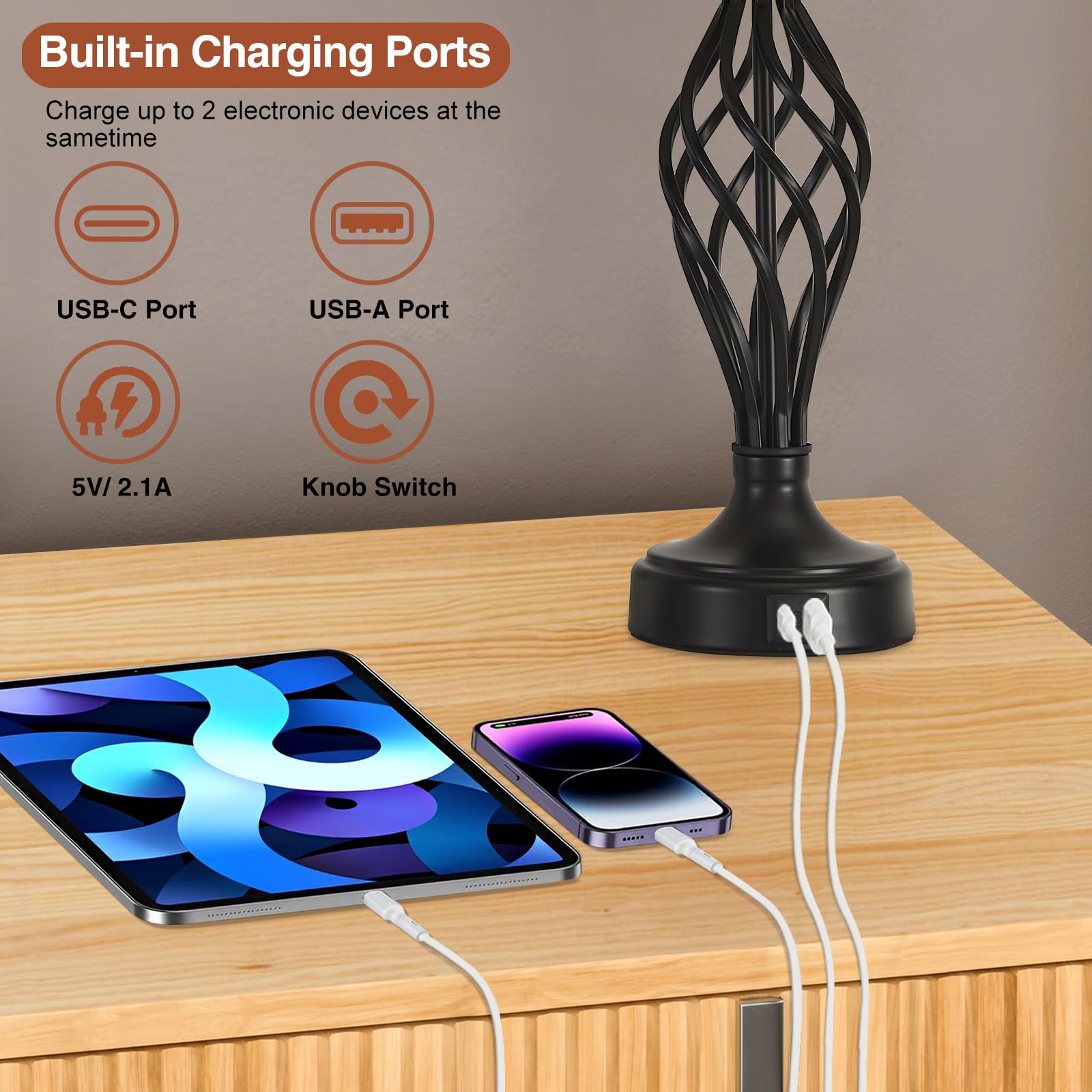 Modern Spiral Cage Table Lamp Set of 2 with USB C+A Ports - Bedside Nightstand Lamps with Fabric Shade & Included LED Bulbs for Bedroom, Living Room, Reading Nook - Black (Home Office Lighting, Guest Room Decor, Cozy Evening Ambience)