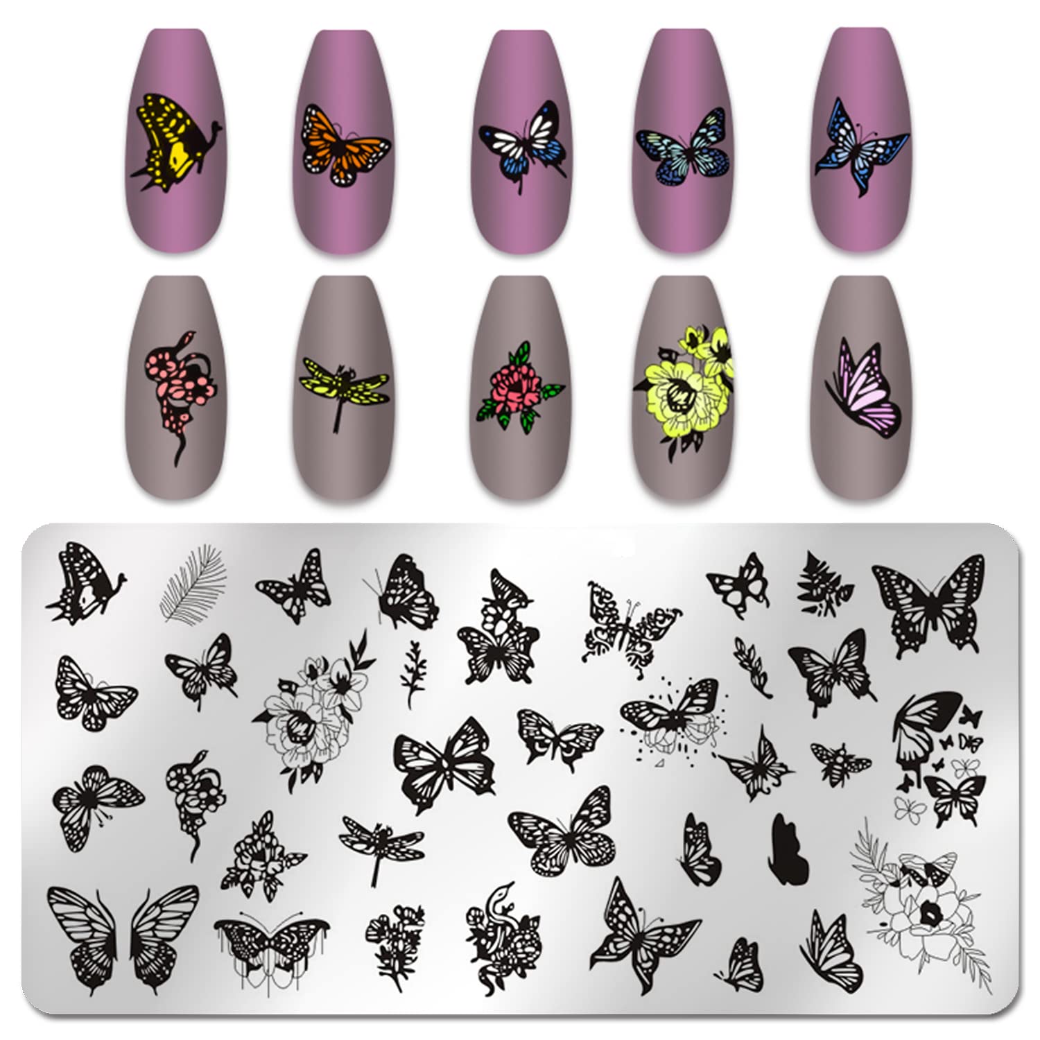 WOKOTO 6Pcs Butterfly Nail Stamping Plates - Floral & Feather Nail Art Stamping Kit for DIY Manicure - Perfect for Salon, Home Use, and Professional Nail Designs
