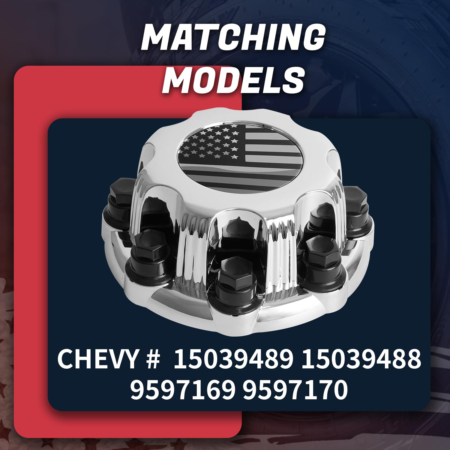 Chevy Chevrolet & GMC 8 Lug Wheel Center Hub Caps - Replacement for OE #15039488 15039489 9597169 9597170 - Set of 4 American Flag Style Hubcaps for Off-Road & Truck Enthusiasts - Perfect for Customizing Pickup Trucks, SUVs & Off-Road Vehicles