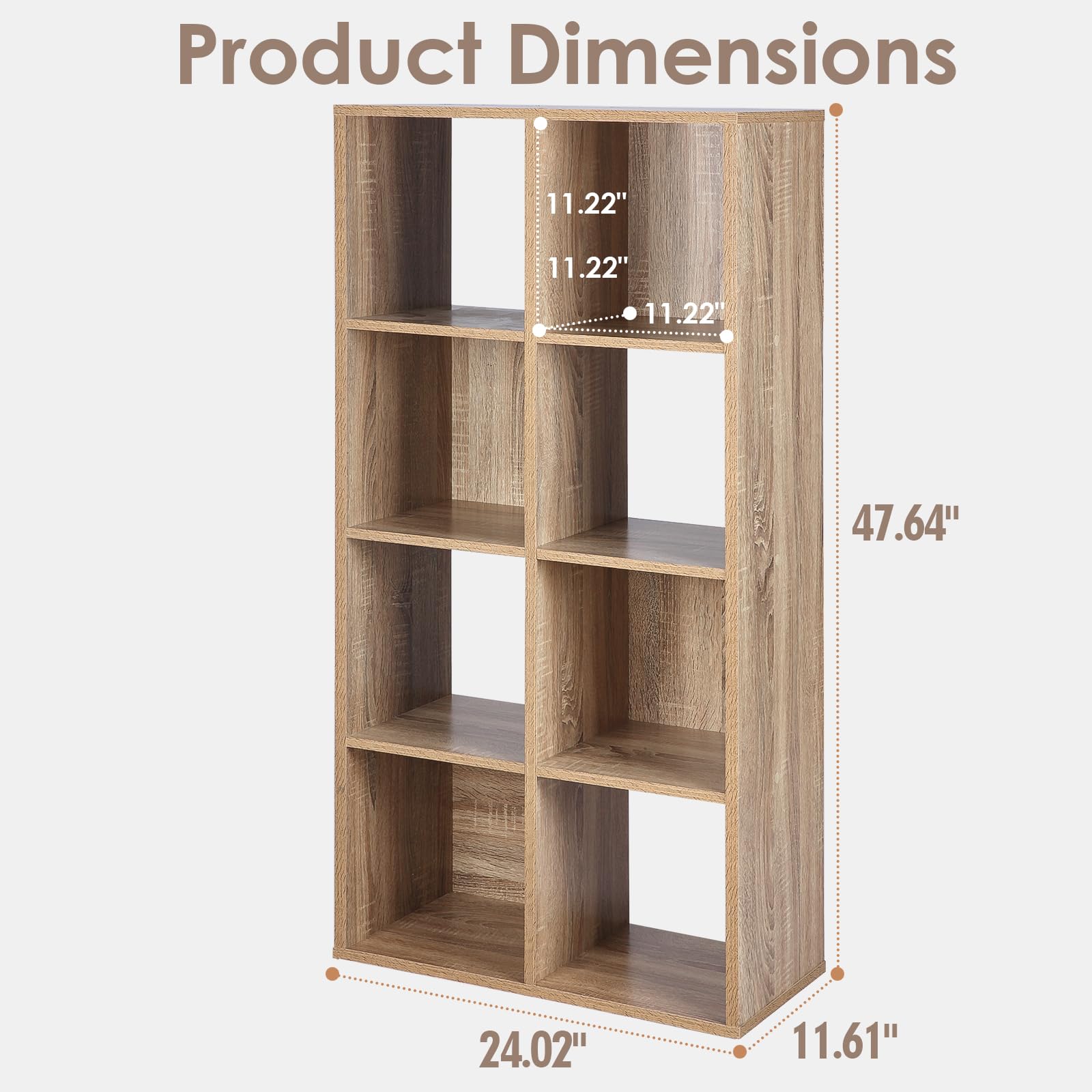 8-Cube Storage Bookshelf - Wooden Organizer Shelf for Study, Office & Living Room | Oak Finish Closet Cabinet | Space-Saving Home Decor Unit