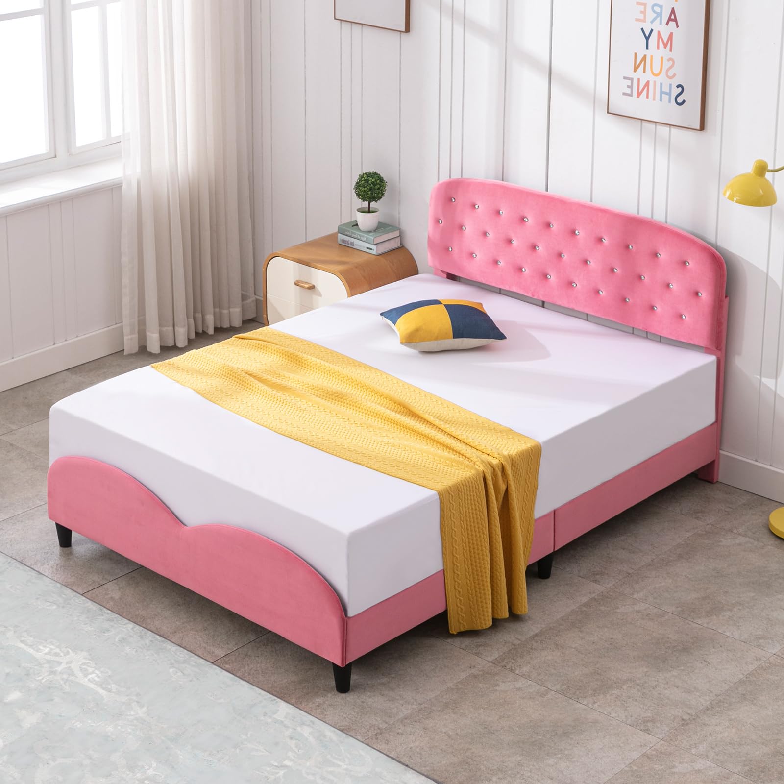 ZAFLY Full Size Bed Frame for Kids - Pink Princess Bed with Cushioned Headboard & Wooden Slats, Sturdy Girls Bed Frame for Deep Sleep | Perfect for Bedrooms, Playrooms & Sleepovers (Diamond Design)