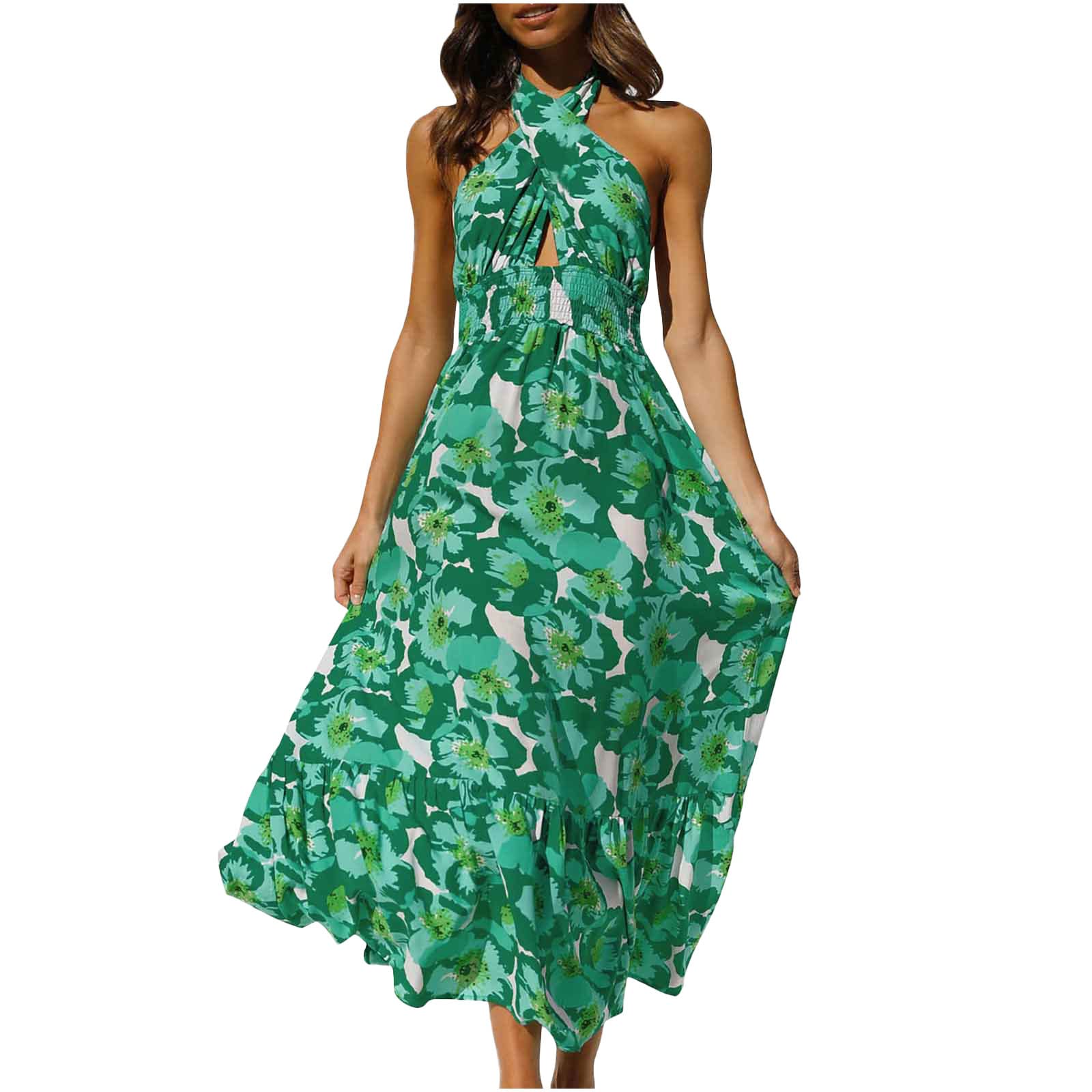 Boho Floral Print Maxi Dress for Women - Summer Sleeveless Halter Neck Cut Out Backless Flowy A-Line Dress | Perfect for Beach Vacations, Music Festivals & Boho Chic Outfits