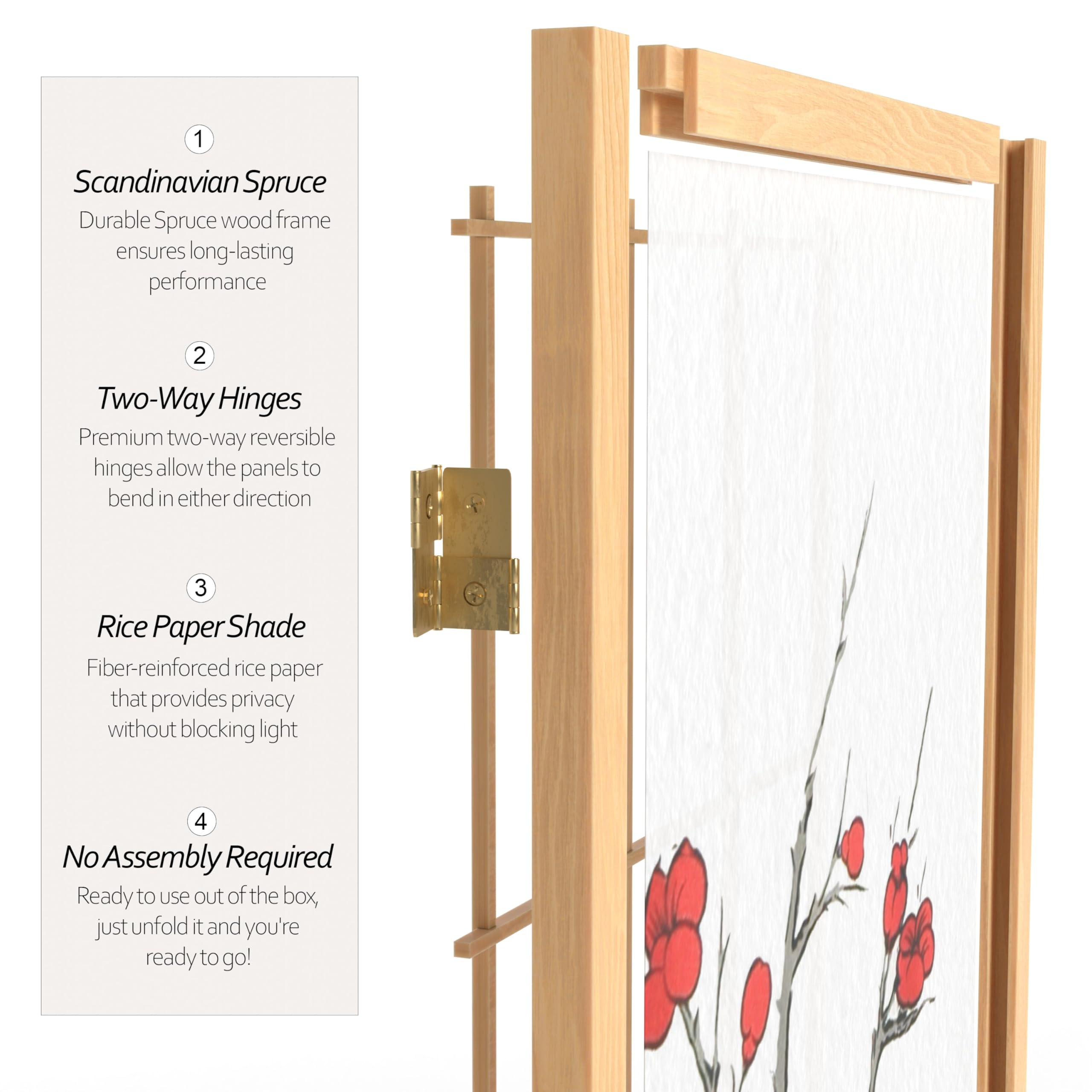 Red Lantern SS-84CBLSS 4-Panel Natural Bamboo Room Divider Screen - Perfect for Home Office, Living Room, and Bedroom Privacy